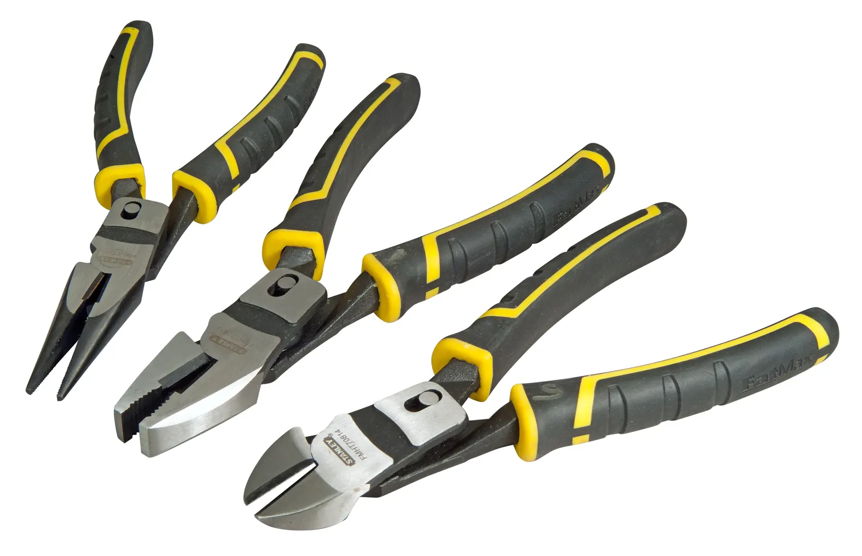 Three STANLEY pliers with black and yellow handles, arranged side by side on a white background.