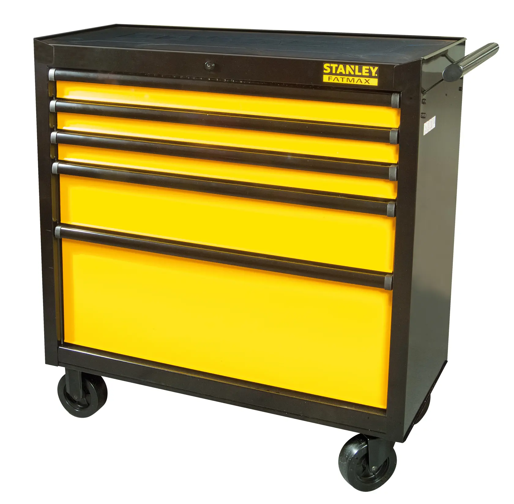 Stanley Fatmax mobile tool chest with five yellow drawers, black frame, and handle on side.