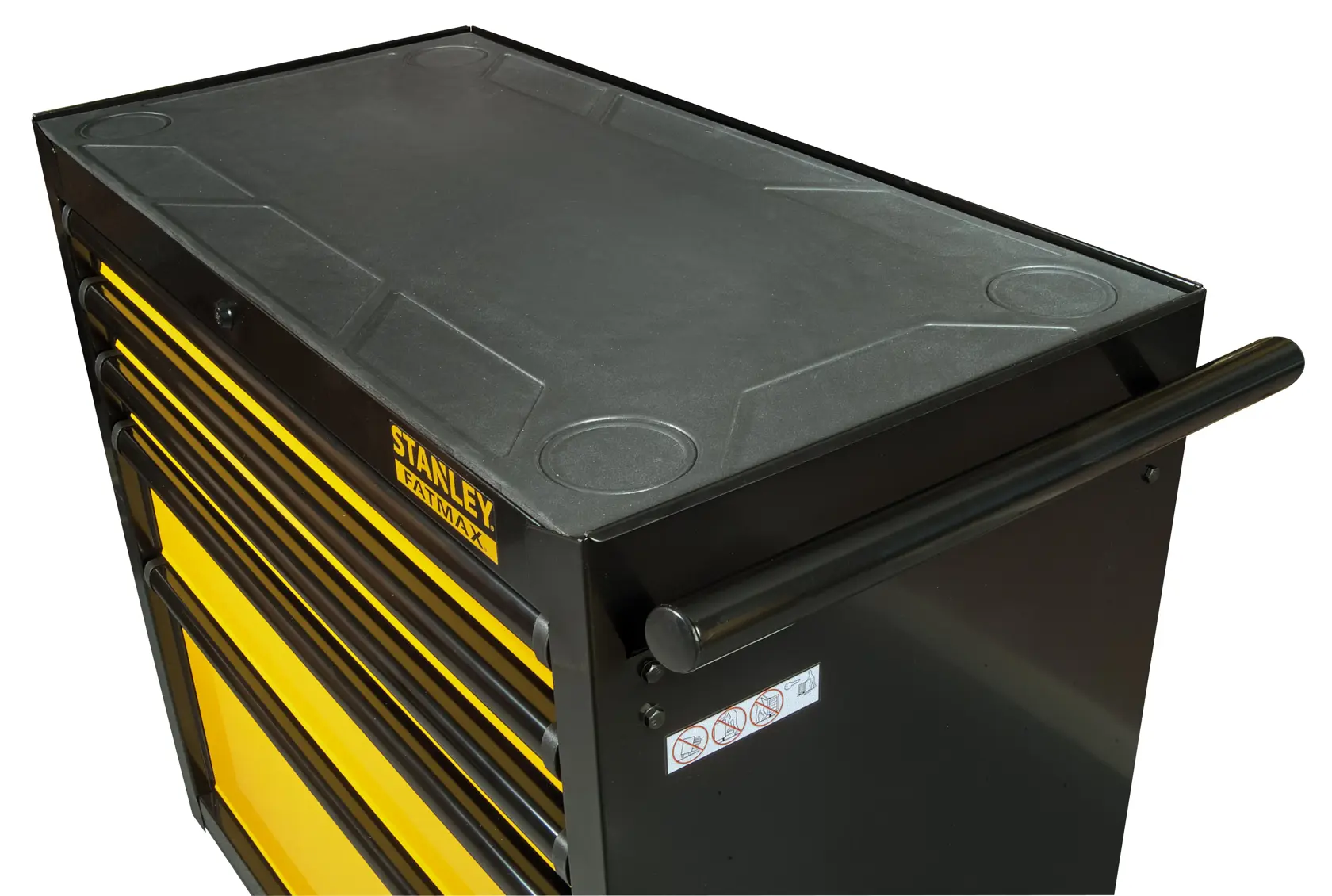 Stanley black and yellow tool chest with multiple drawers and a handle, top surface has molded indents.