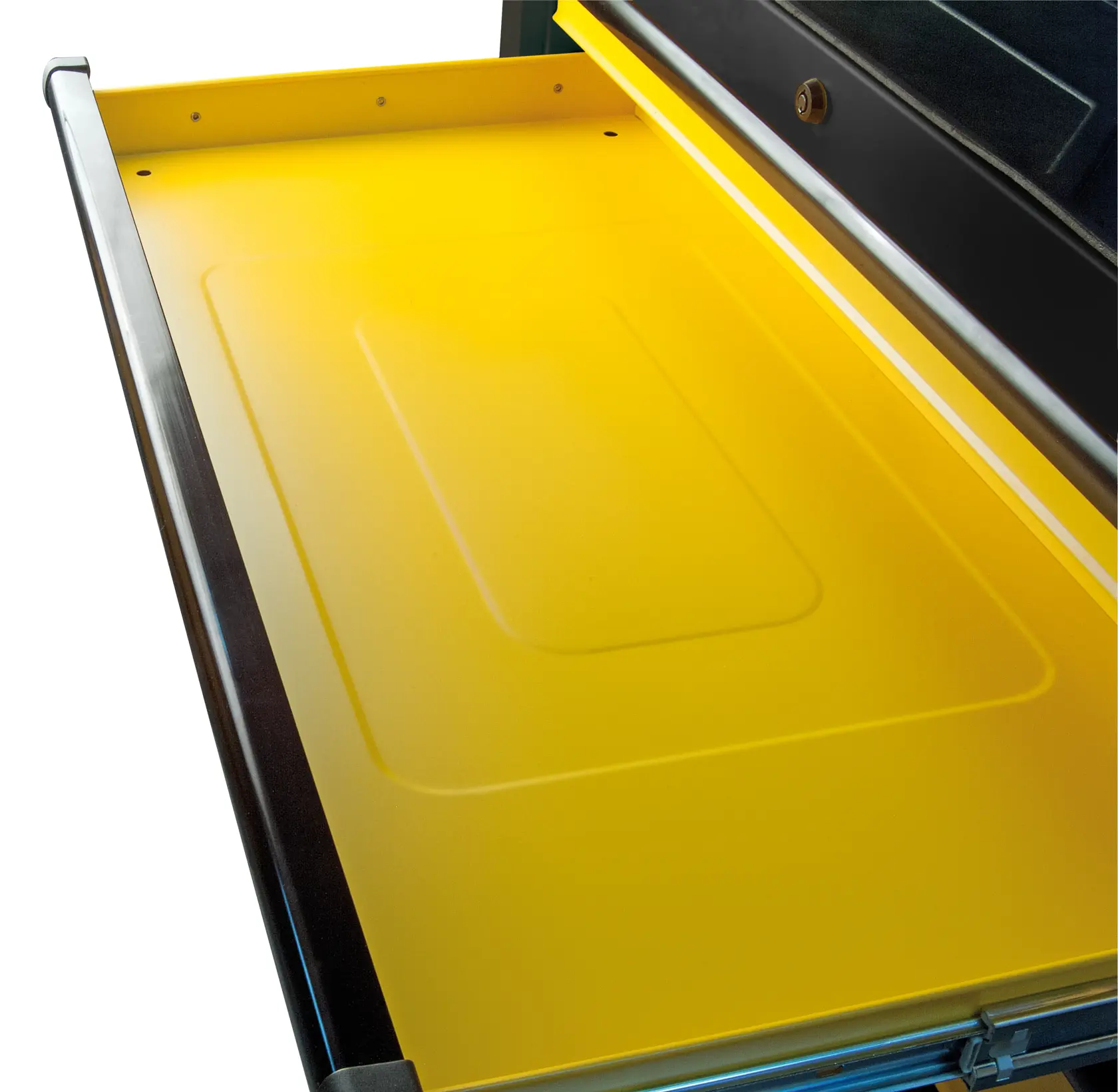 Open yellow metal drawer with a flat surface and raised edge, part of a storage cabinet or tool chest.