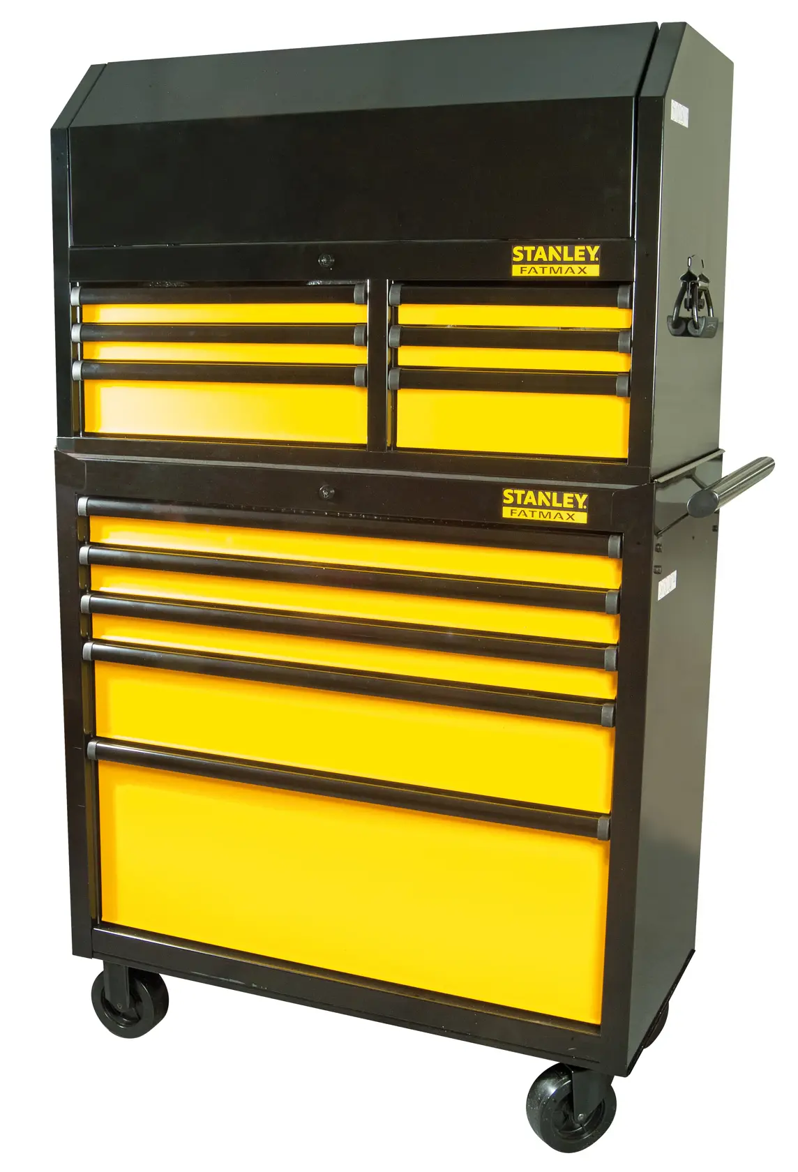 STANLEY FMHT0-74027 tool chest, yellow and black, with drawers and wheels, photography, front angle.