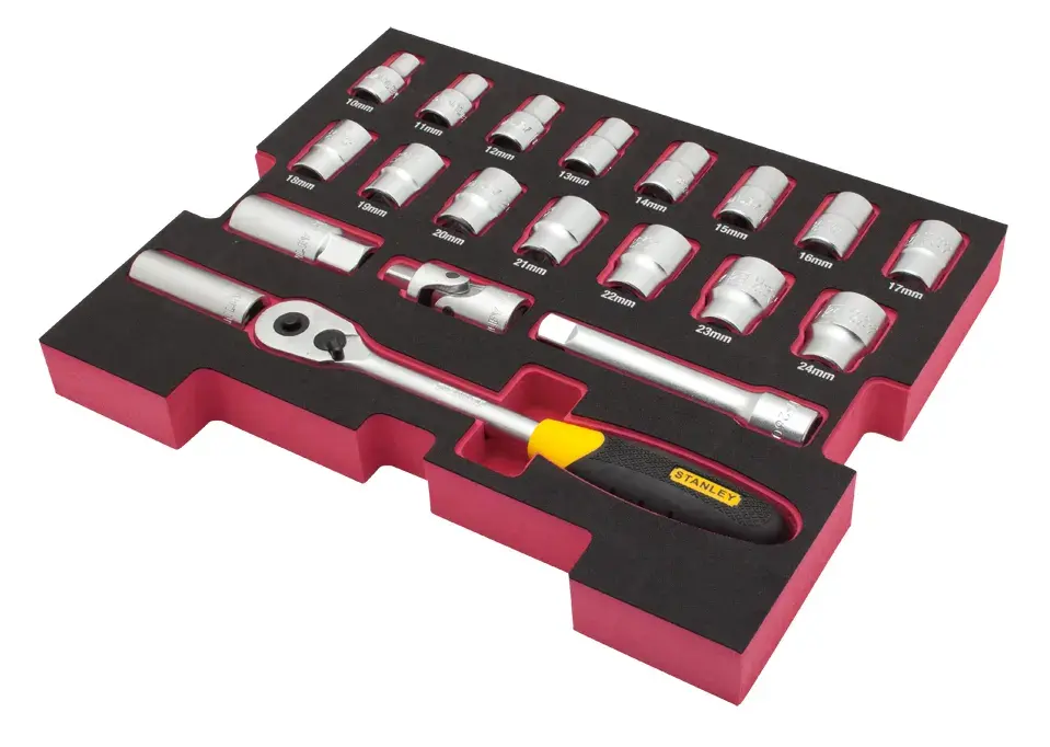 STANLEY FMHT0-74297 socket set with ratchet and extension bars in black and red foam tray, angled view.