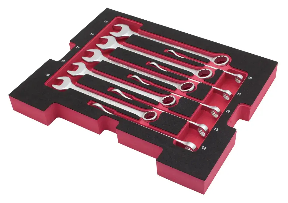 STANLEY FMHT0-74298 wrench set in red and black foam tray, angled top-down view.