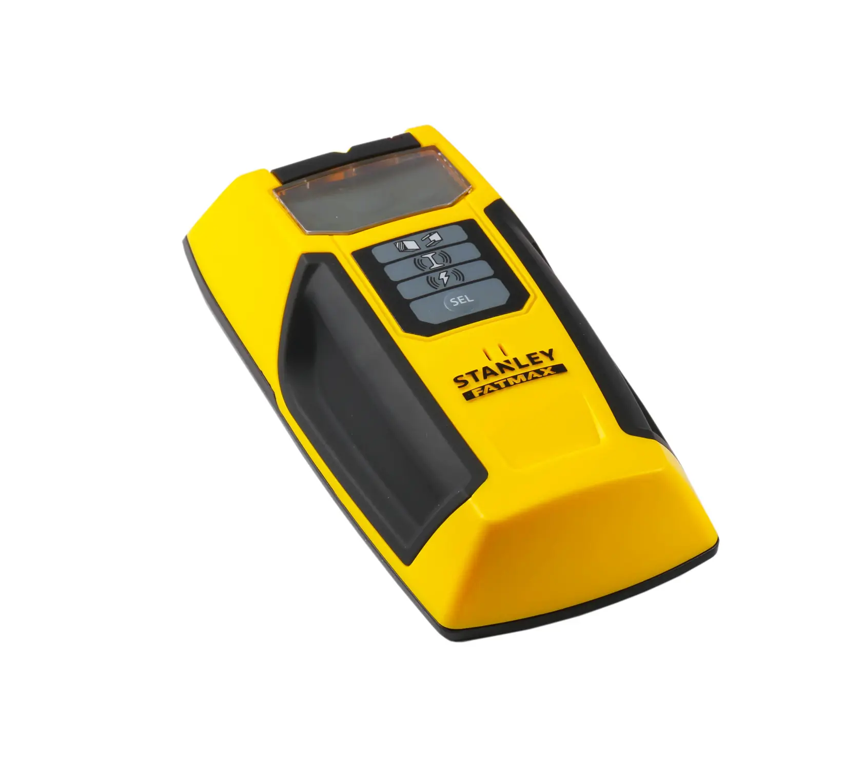 STANLEY FMHT0-77407 stud finder, yellow and black, angled front view on white background.