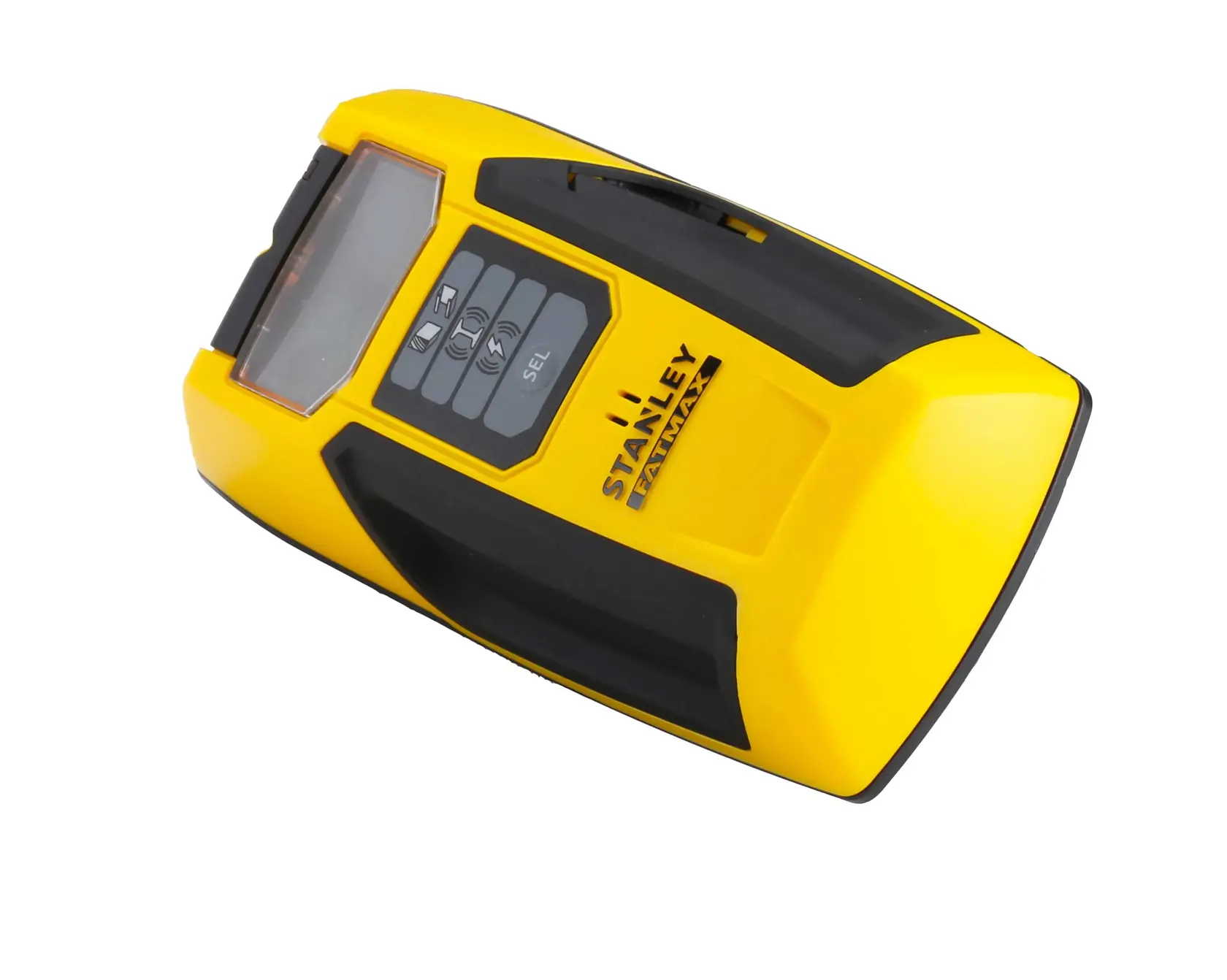 Stanley yellow and black electronic stud finder tool with LCD screen and buttons.