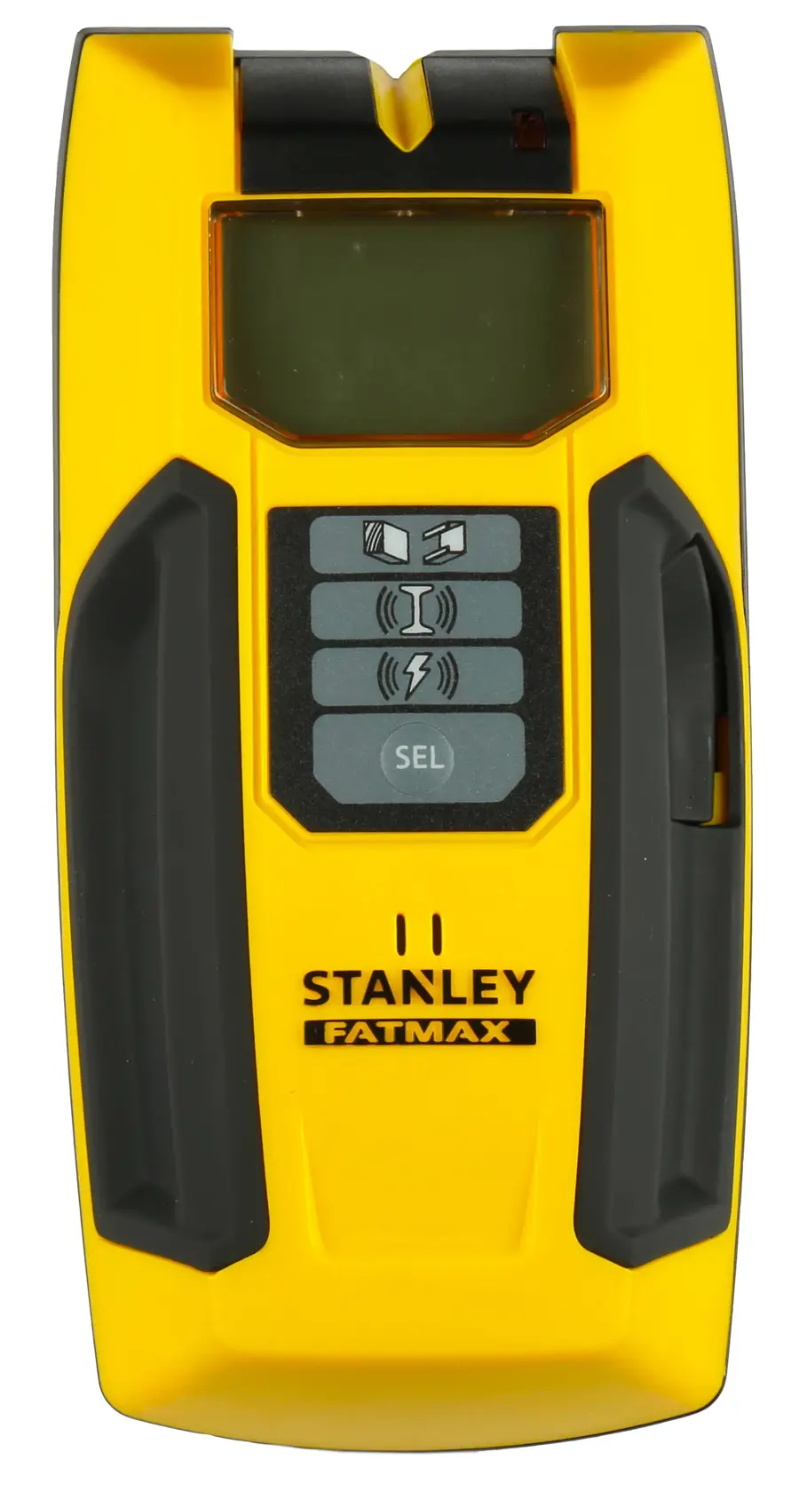 Stanley Fatmax electronic wall scanner with LCD screen, yellow and black, used for detecting studs and wires.