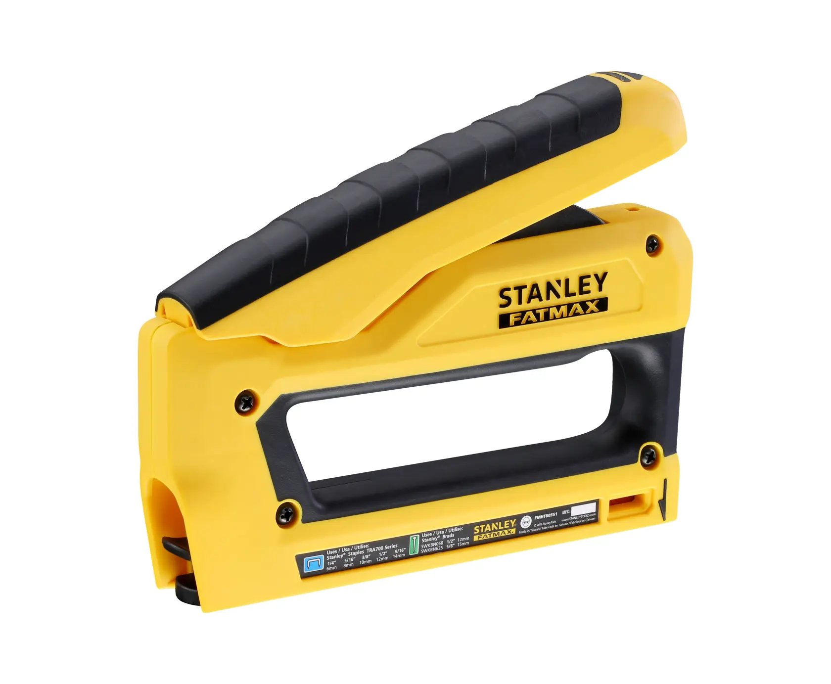 STANLEY FMHT0-80551 yellow and black hand stapler, side angle, FATMAX branding.