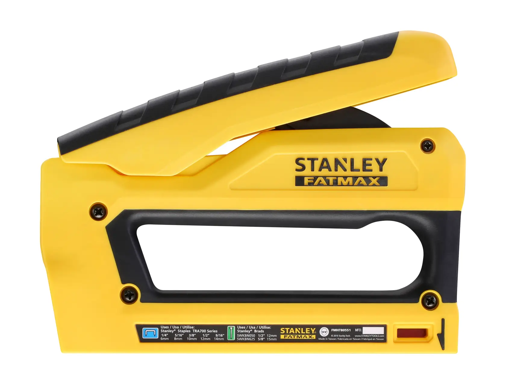 STANLEY FMHT0-80551 yellow and black heavy-duty stapler, side view on white background.