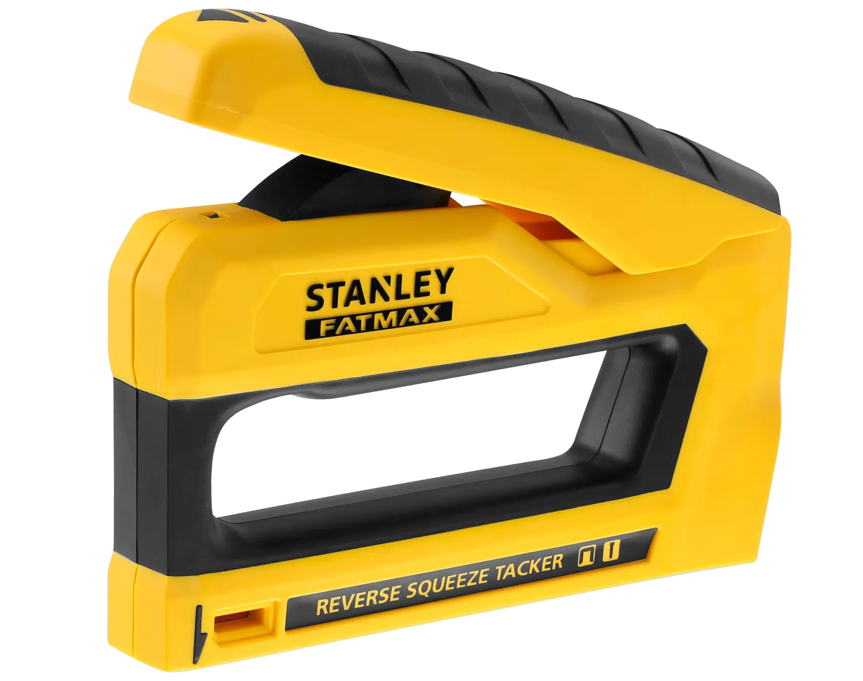 STANLEY FMHT0-80551 FATMAX reverse squeeze tacker, yellow and black, side angle, photography product.
