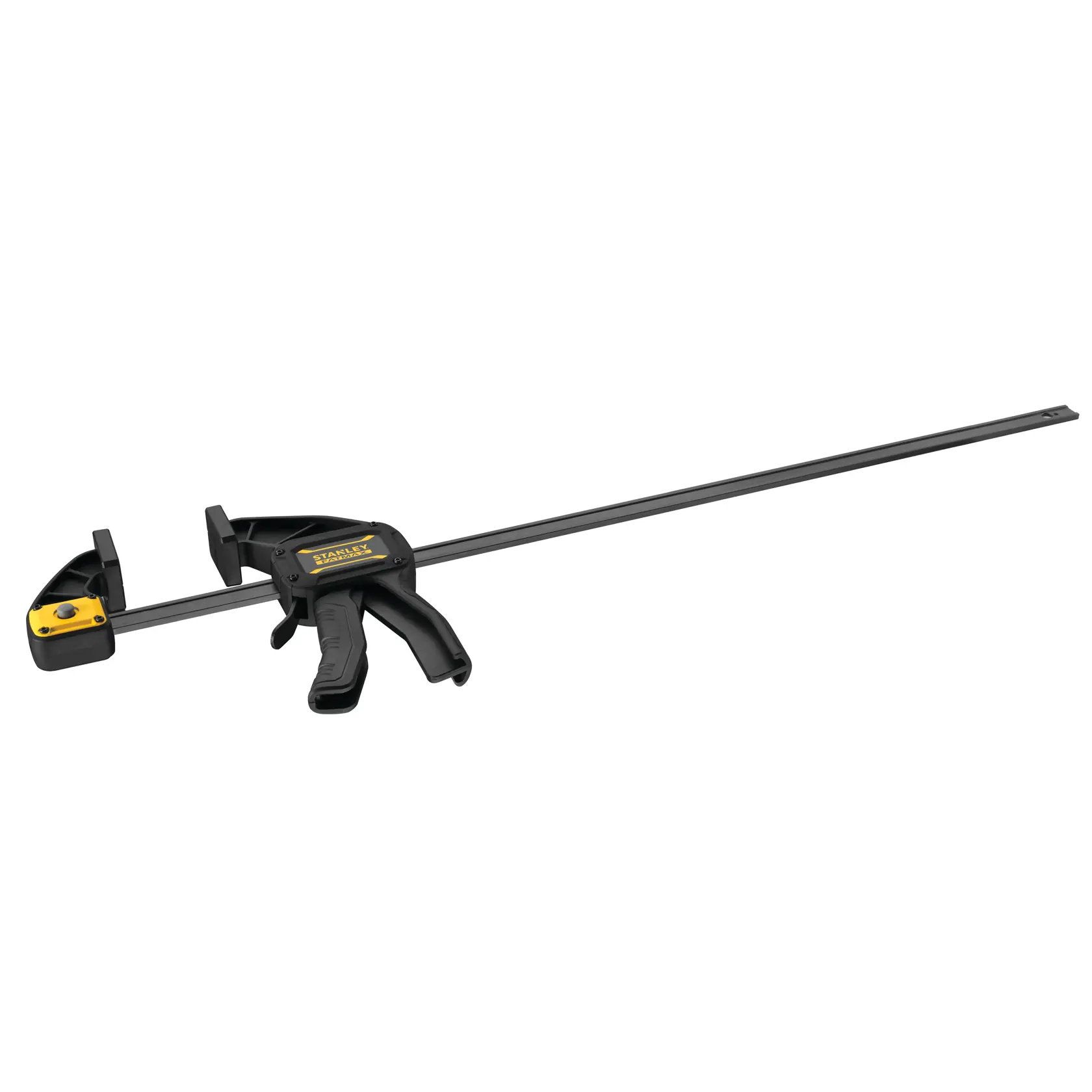 Photo of STANLEY FMHT0-83233 bar clamp with black and yellow handle, side angle on white background.