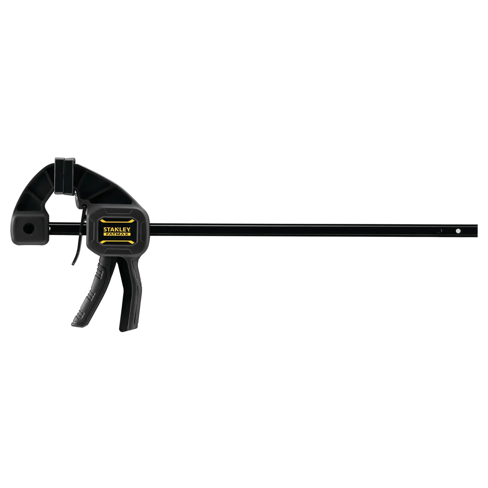 Photo of STANLEY FMHT0-83233 bar clamp with black and yellow body, side view on white background.