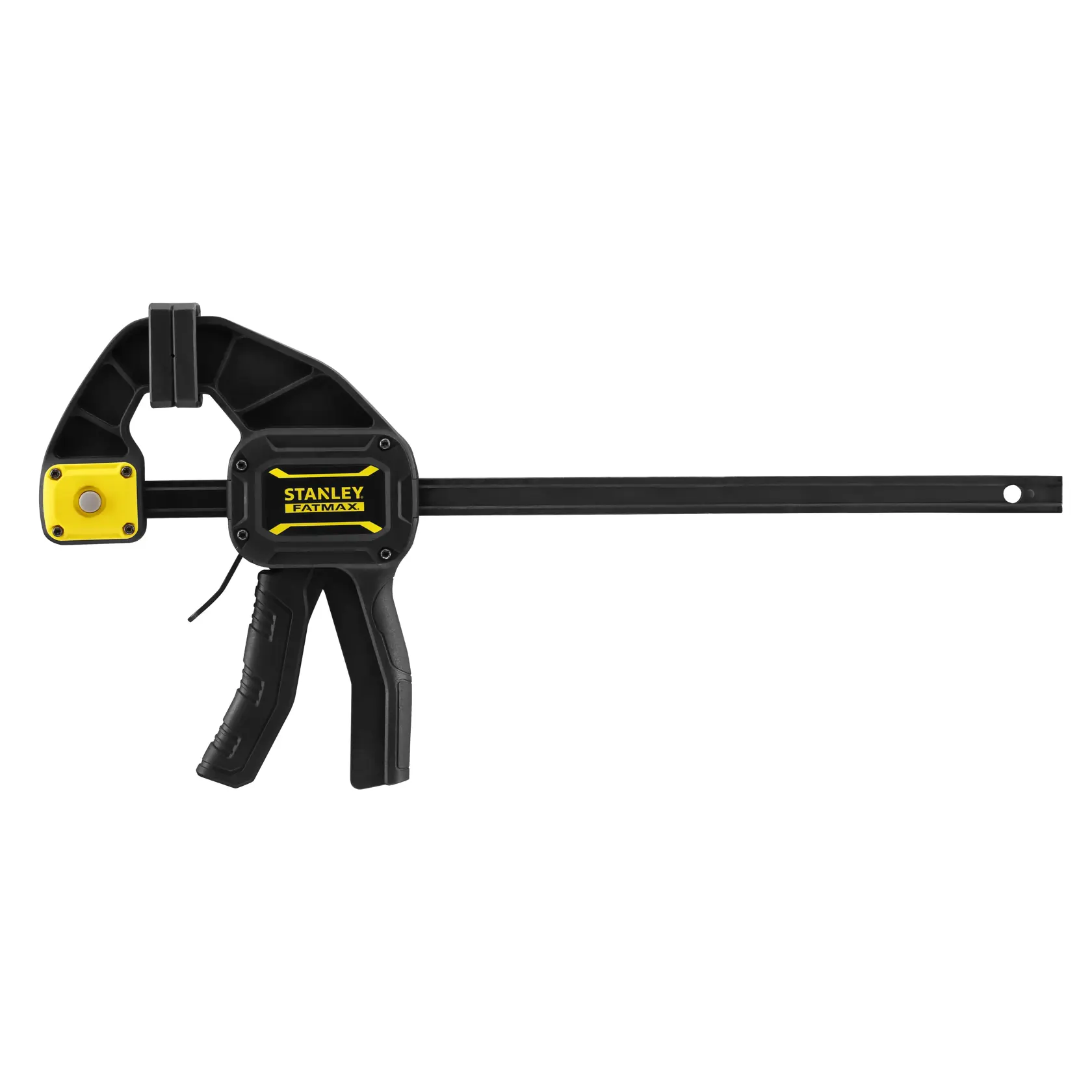 STANLEY FMHT0-83235 quick grip clamp, black with yellow accents, side angle on white background.