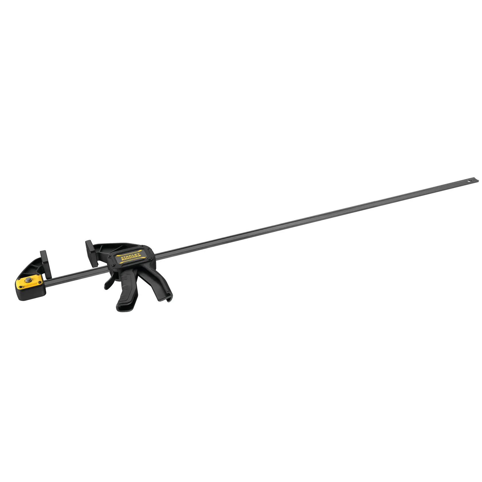 STANLEY FMHT0-83237 bar clamp with yellow and black handle, side angle on white background.