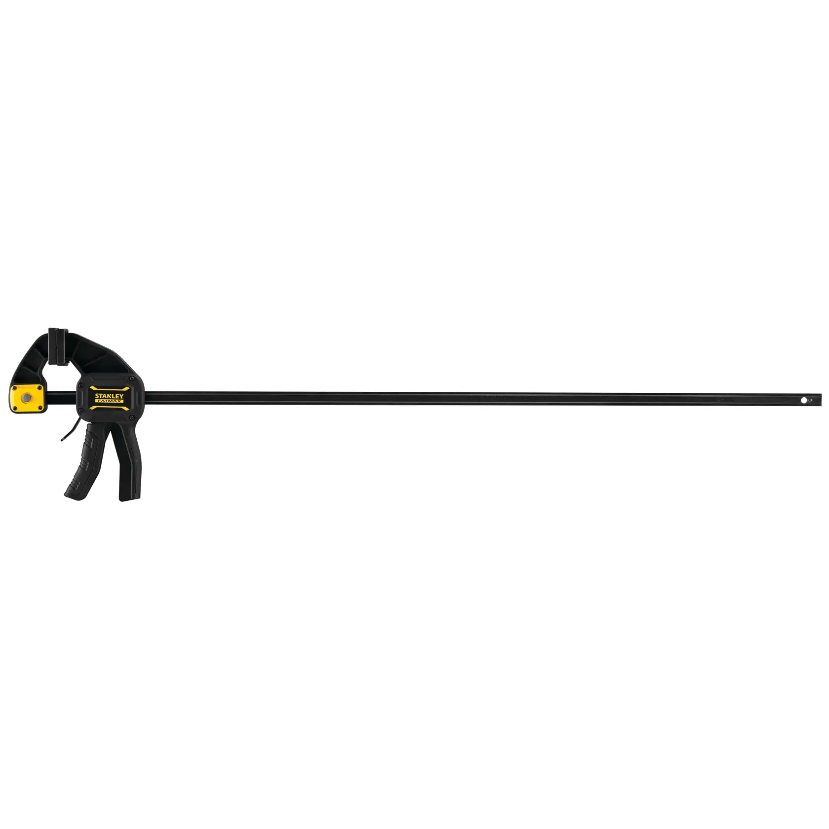 STANLEY FMHT0-83237 photography of black and yellow bar clamp, side view on white background.