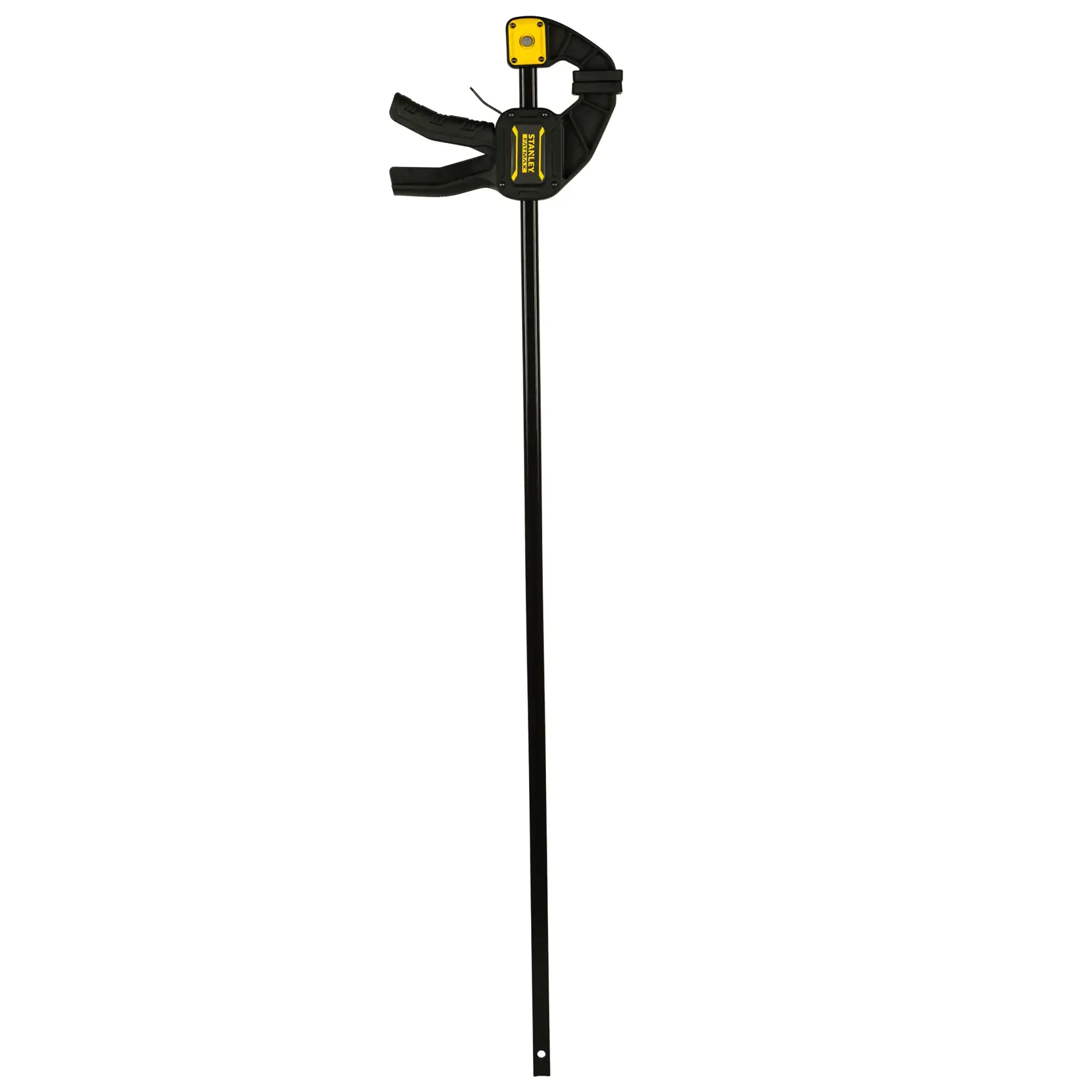 STANLEY bar clamp with black and yellow design, used for securing materials in woodworking or other projects.