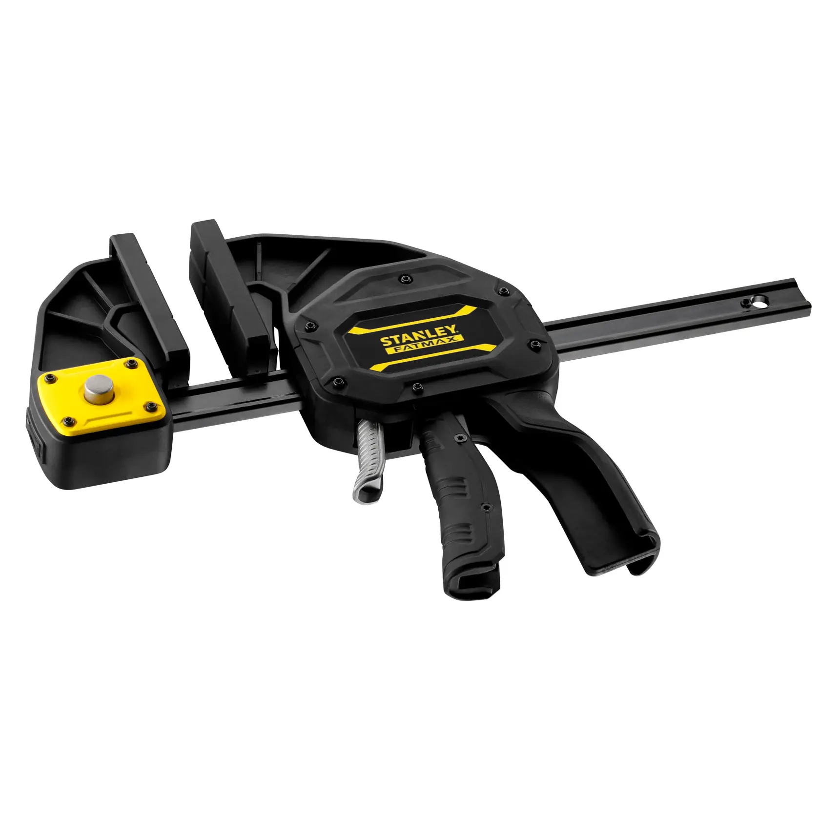 STANLEY FMHT0-83238 photography of black and yellow trigger clamp, front angle, on white background.