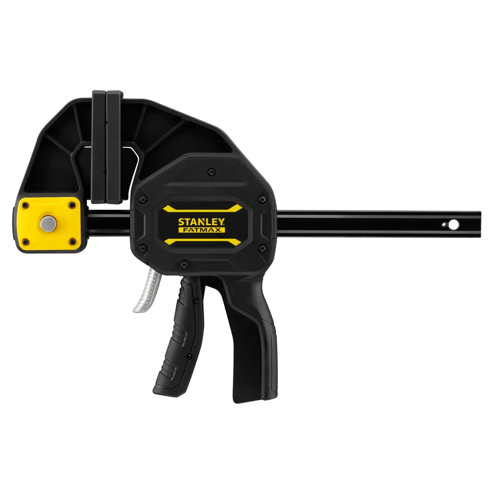 Photo of STANLEY FMHT0-83238 bar clamp with black and yellow body, side angle on white background.
