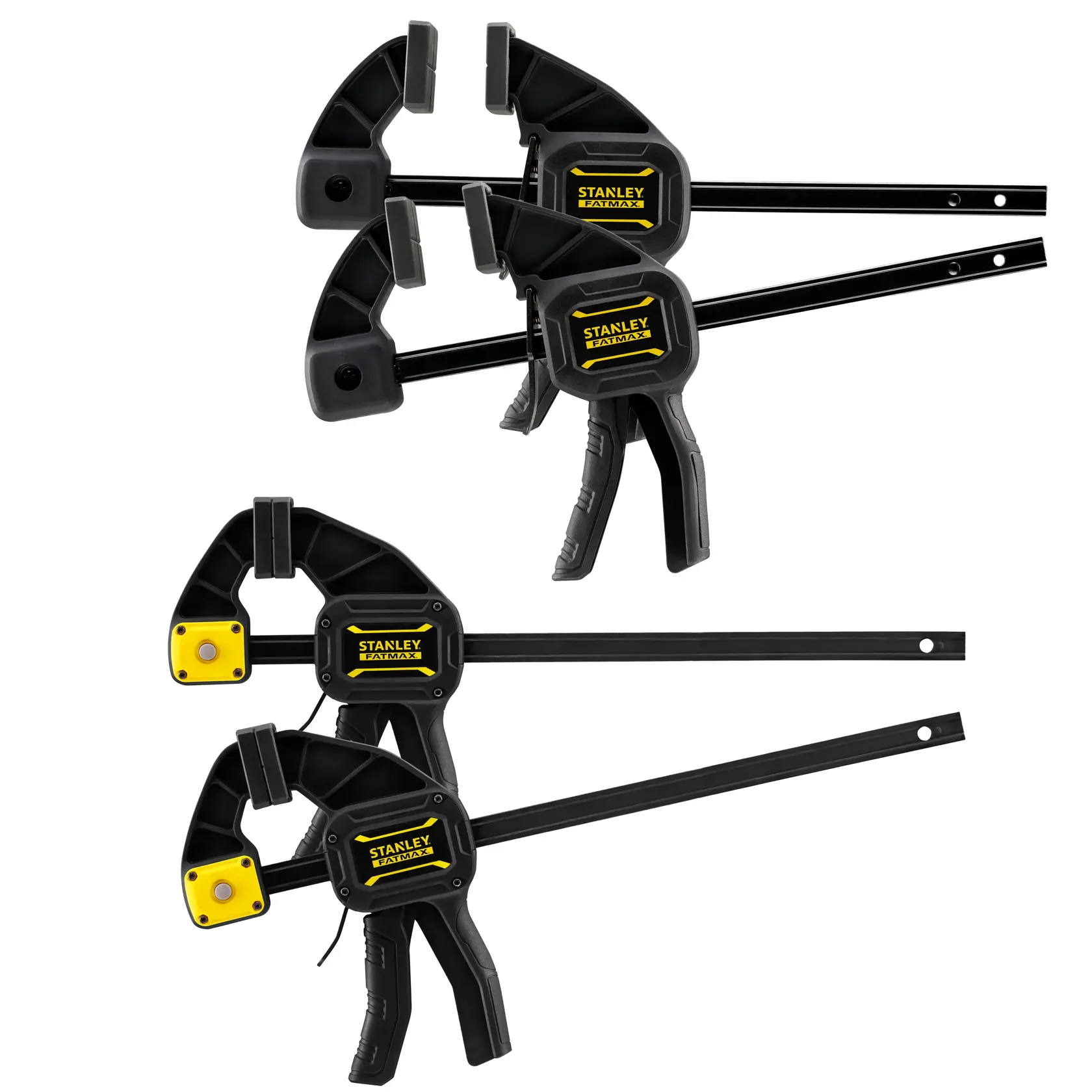 Photo of STANLEY FMHT0-83243 bar clamps set, black and yellow, two pairs shown on white background, product side view.