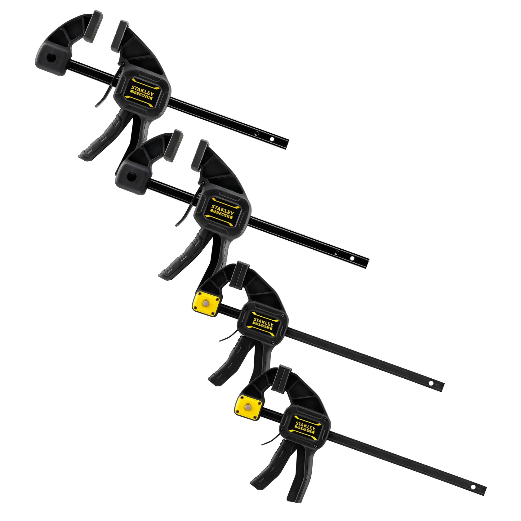 STANLEY FMHT0-83243 photography of four black and yellow trigger clamps, side angle, on white background.
