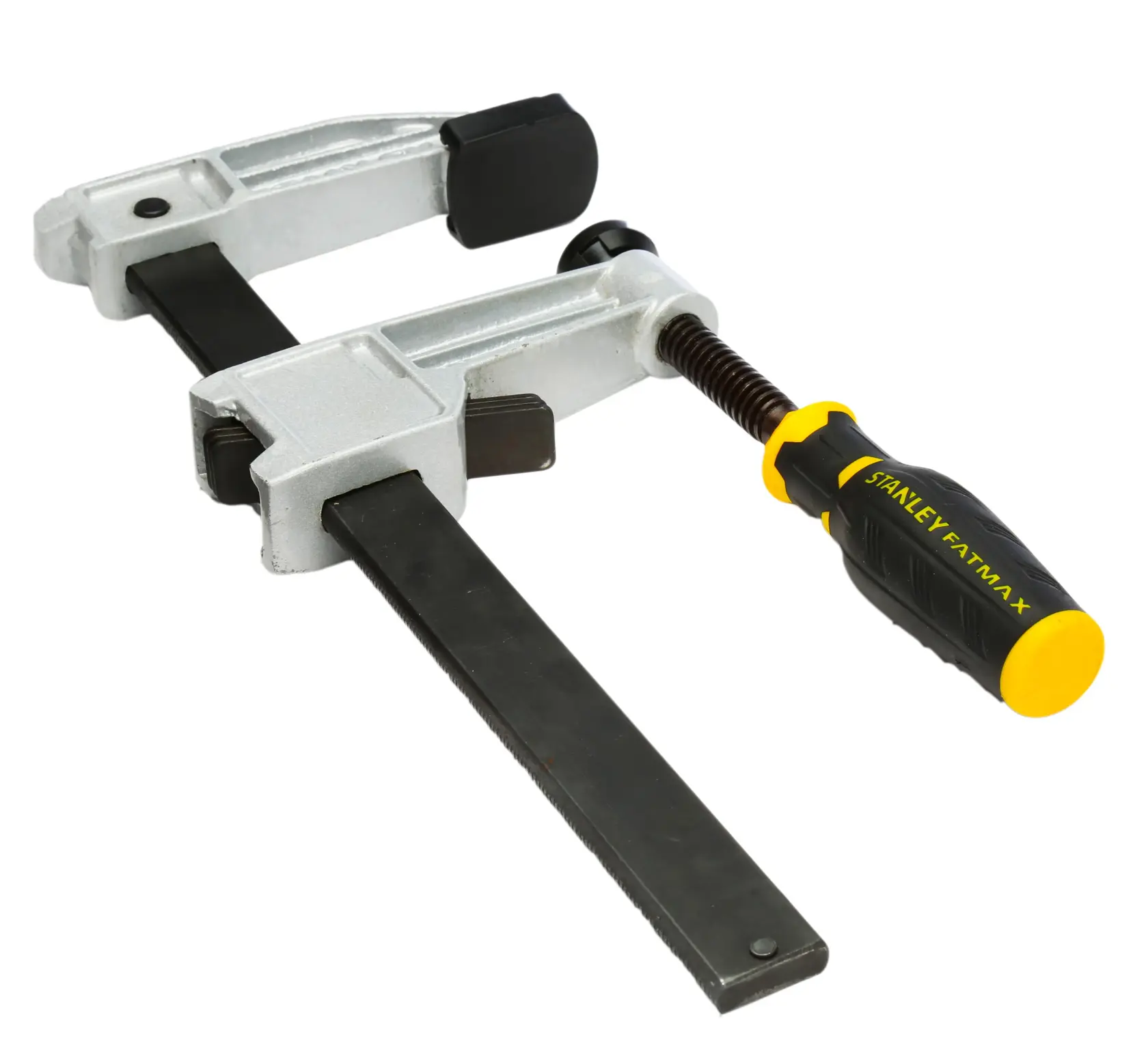 STANLEY FMHT0-83245 bar clamp with black and yellow handle, angled on white background.