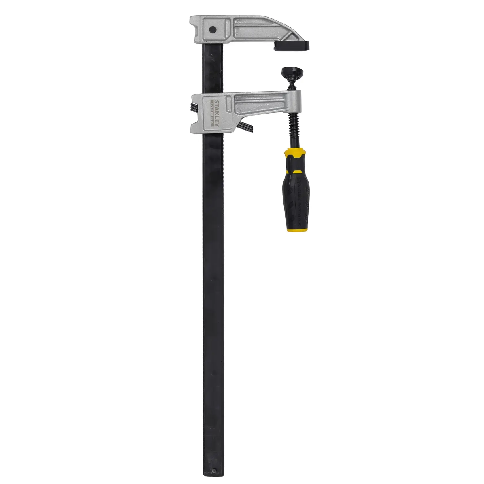 Stanley bar clamp with metal body and black/yellow handle for securing workpieces in photography or workshop.