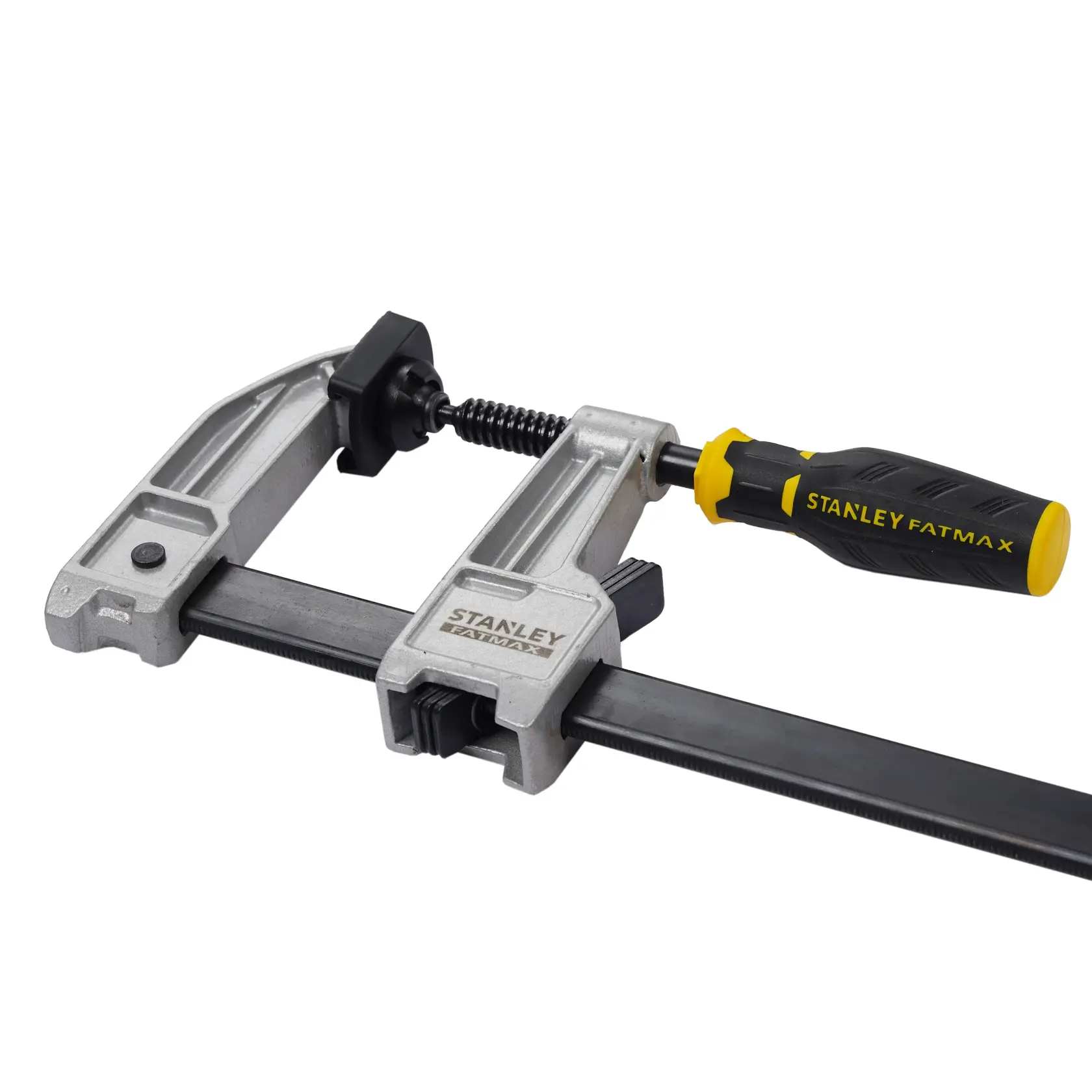 Stanley FATMAX metal bar clamp with ergonomic handle, used for woodworking or photography support.