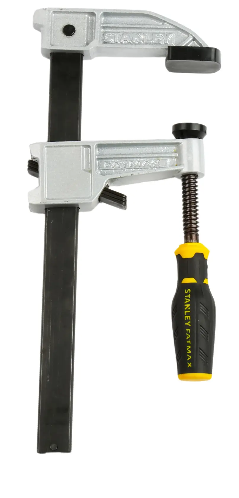 Stanley metal bar clamp with black and yellow handle, used for securing materials in woodworking projects.