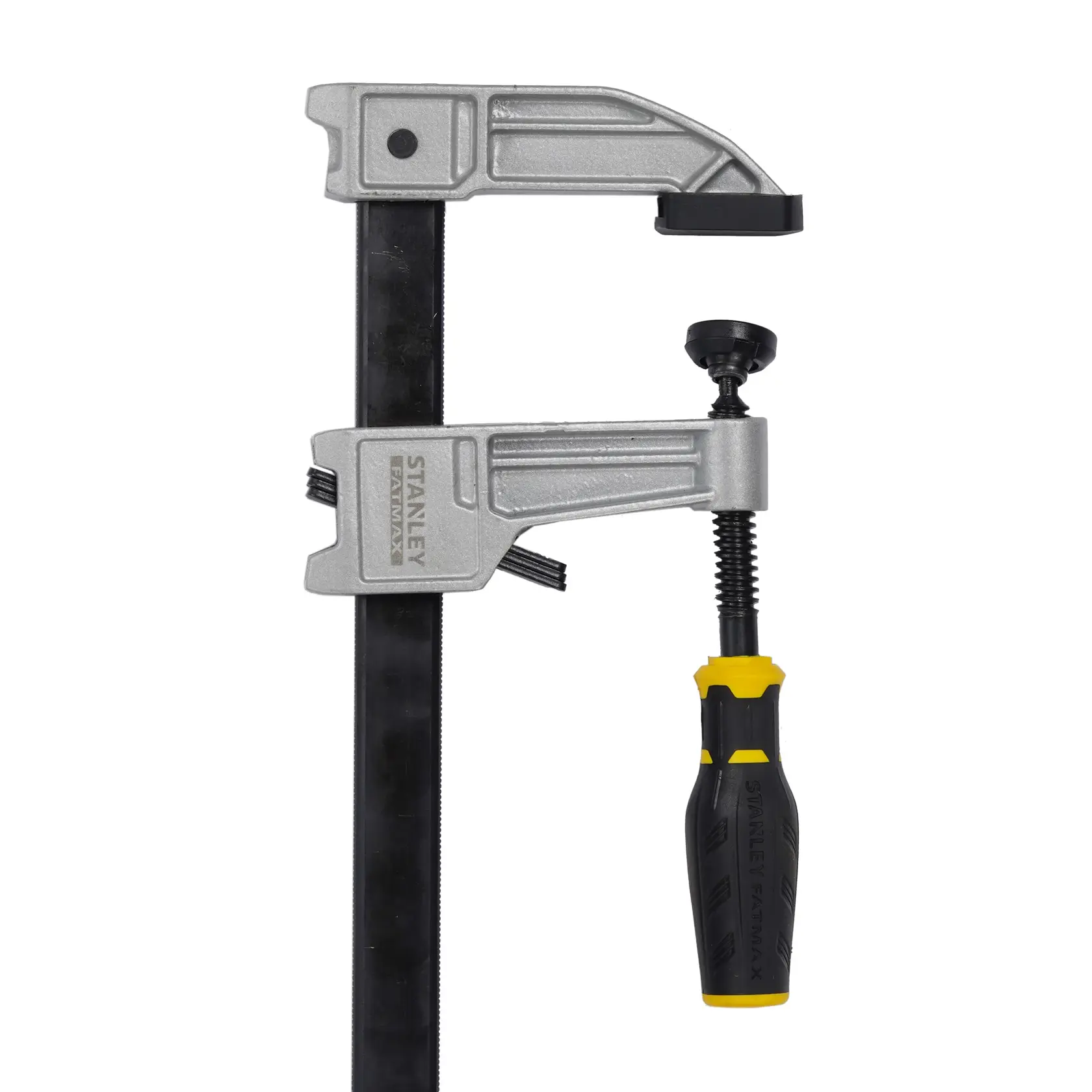 STANLEY FMHT0-83246 bar clamp with black and yellow handle, clamp arm, photographed on white background.