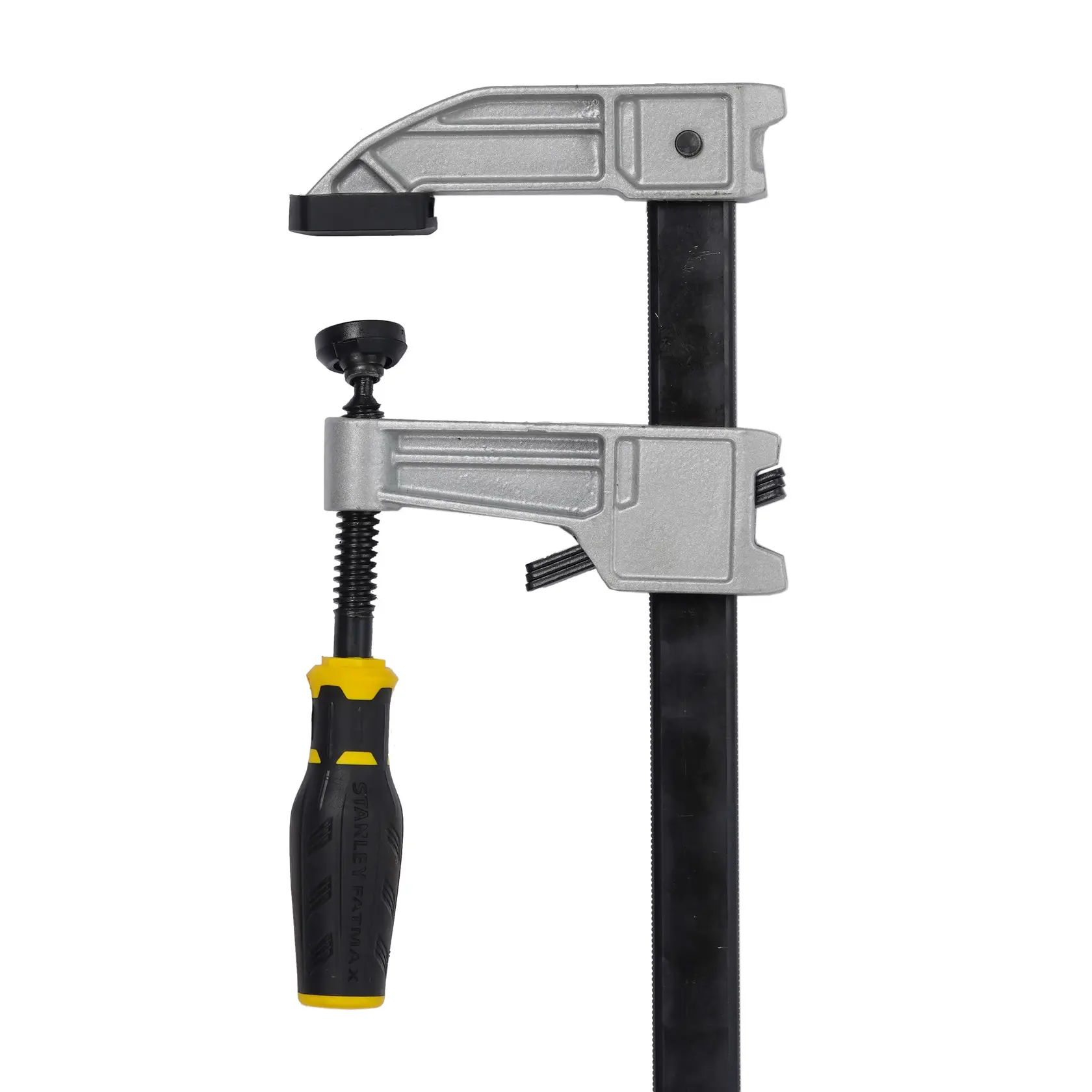 STANLEY FMHT0-83247 photography of bar clamp with black and yellow handle, front view on white background.