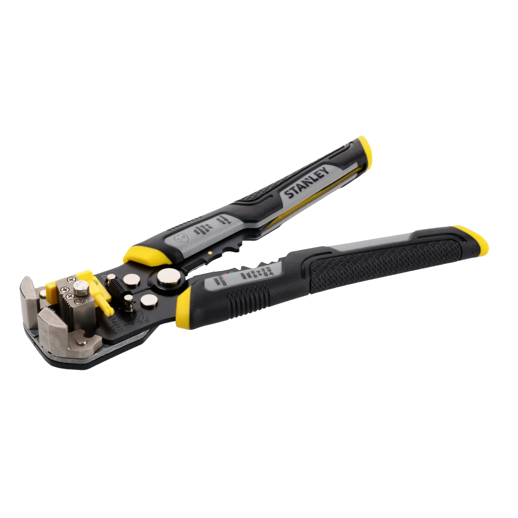 A STANLEY branded wire stripping tool with black and yellow handles, shown against a white background.