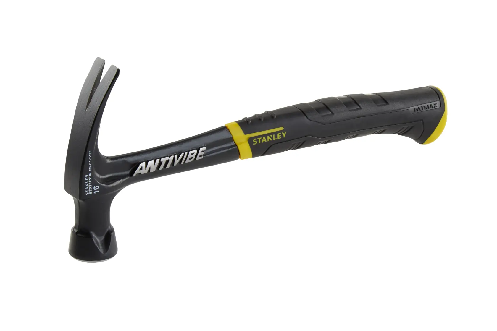 Stanley FatMax Antivibe claw hammer with black and yellow handle, designed for reduced vibration and comfort.