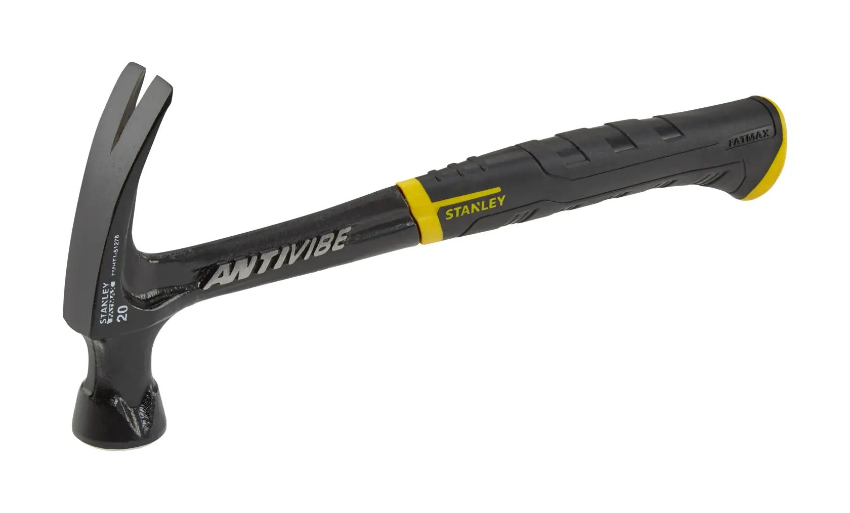 Photo of STANLEY FMHT1-51278 black and yellow claw hammer with ANTI VIBE marking, side view on white background.