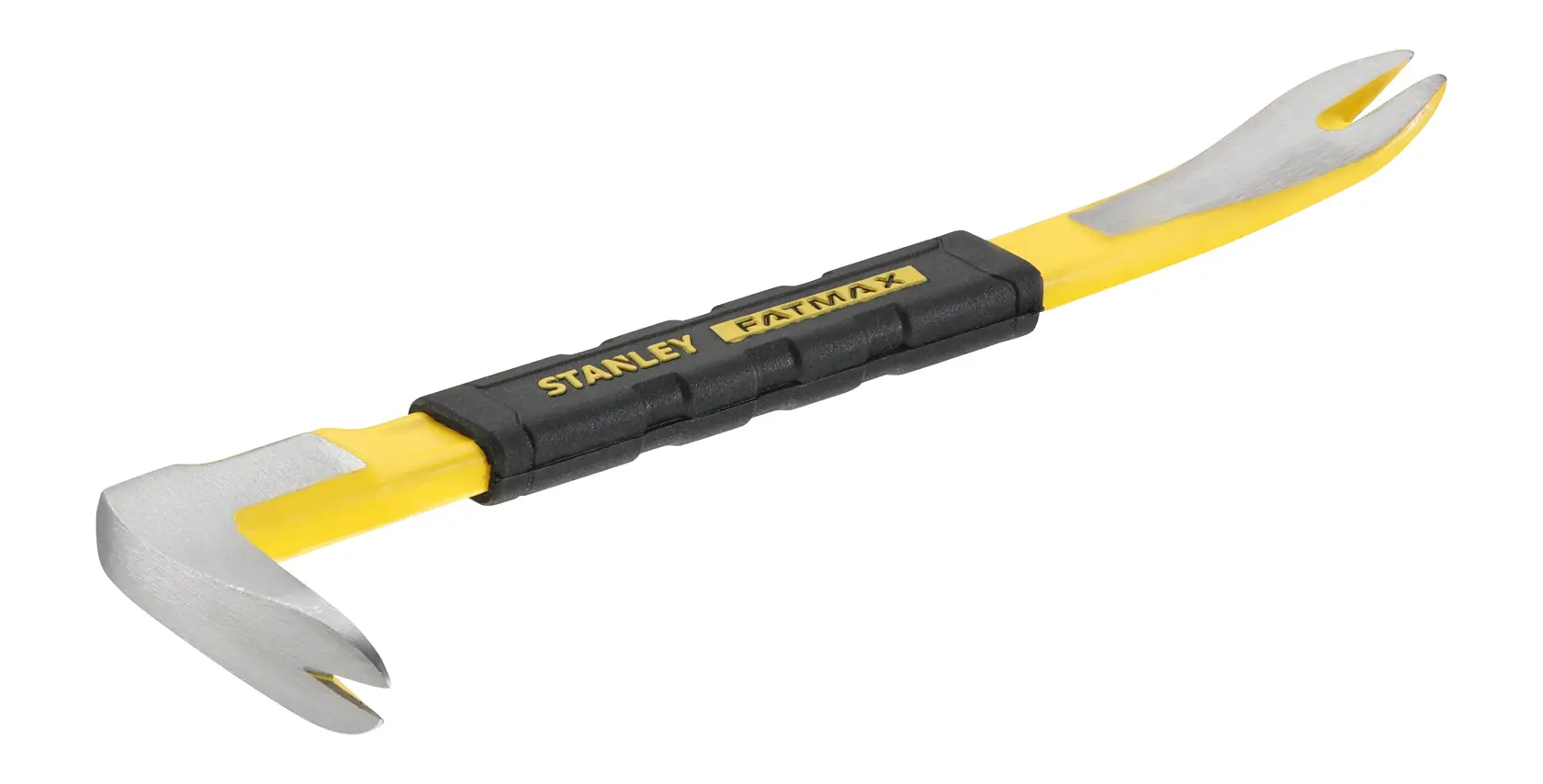 Stanley FatMax yellow pry bar with black grip and two forked metal ends for demolition and nail removal.