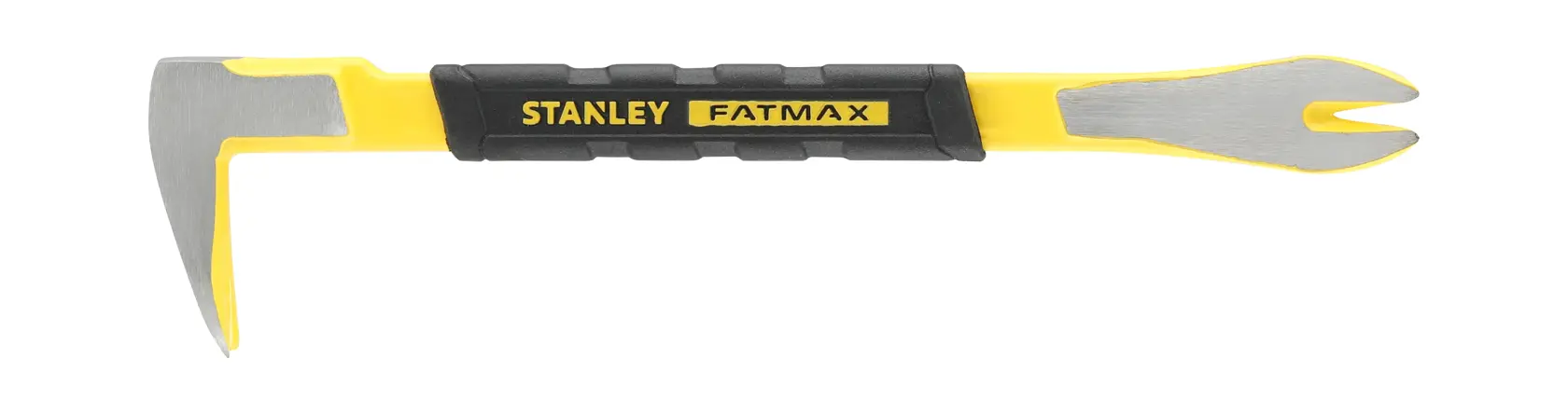 Stanley FatMax yellow and black pry bar with curved claw and forked end.