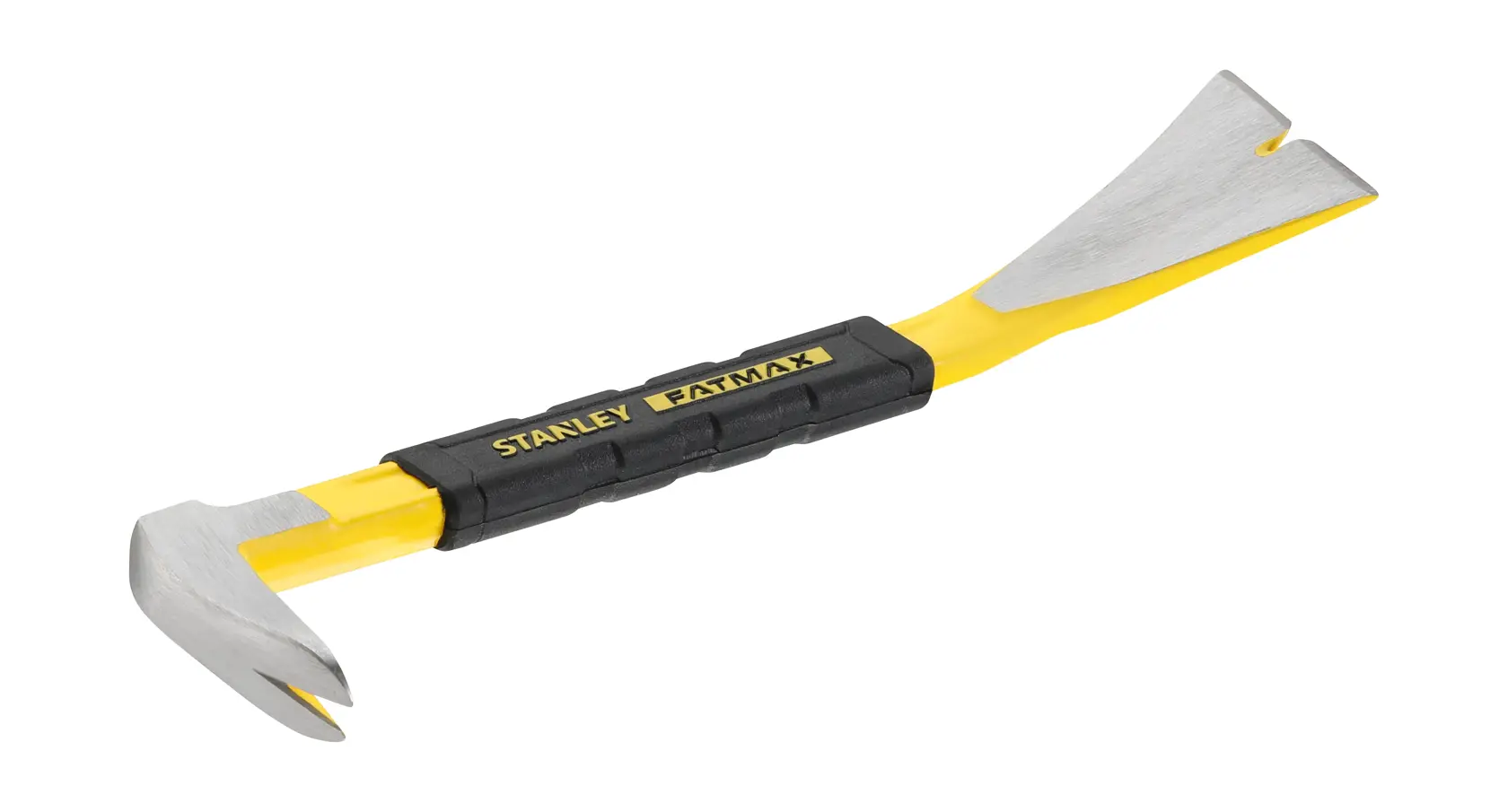 Photo of STANLEY FMHT1-55009 flat pry bar with yellow and black handle, metal ends, on white background.