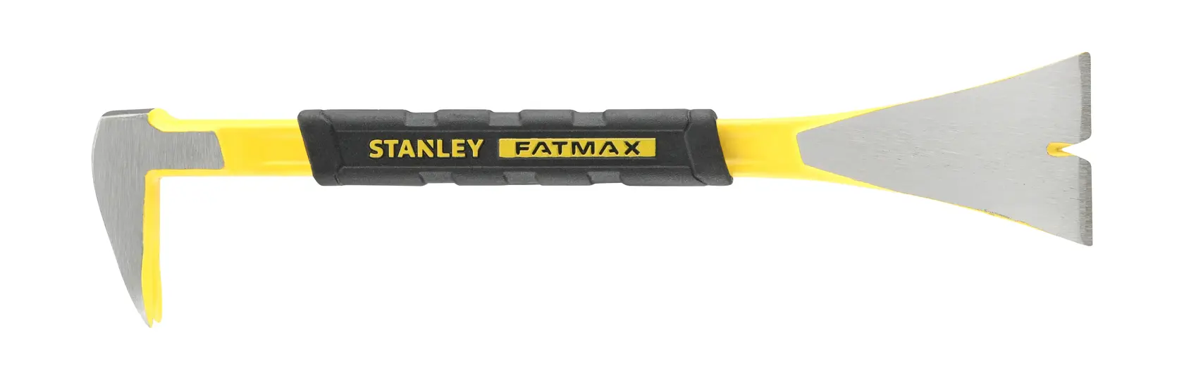 Stanley FMHT1-55009 pry bar with yellow and black handle, side view on white background.