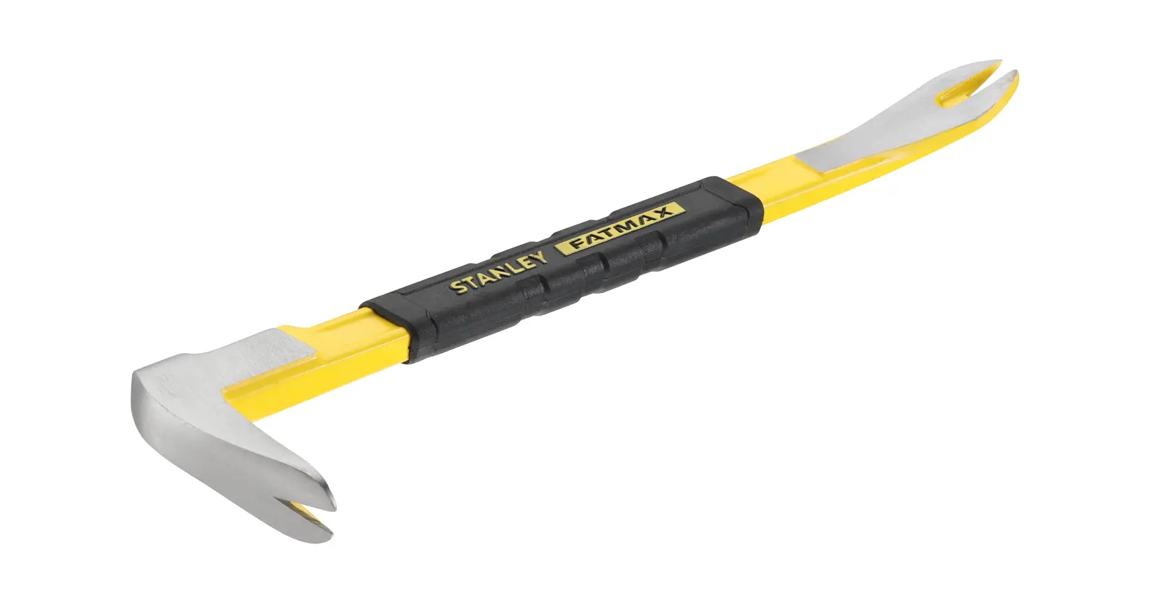 Stanley FatMax yellow and black pry bar tool with dual ends for demolition and nail removal.