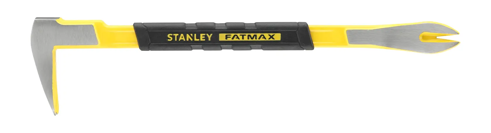 STANLEY FMHT1-55010 demolition bar with yellow handle and black grip, side view on white background.