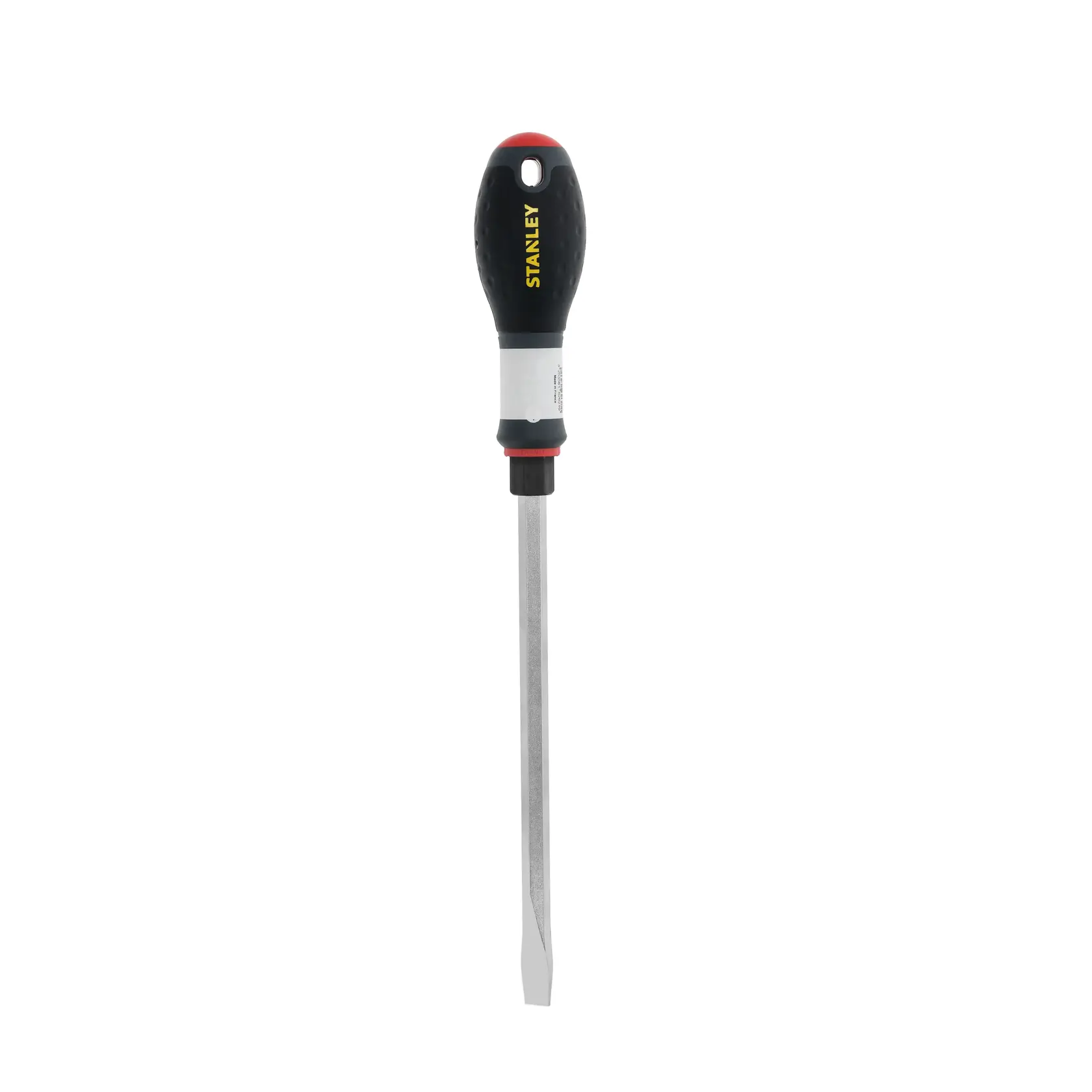 STANLEY FMHT1-62621 slotted screwdriver with black and yellow handle, front angle, white background.