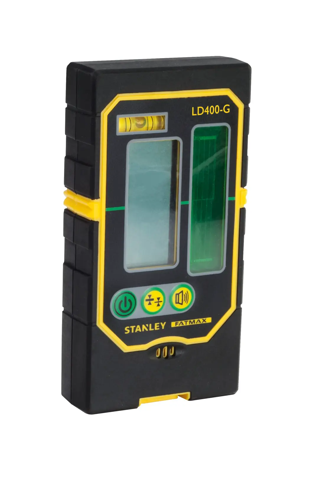 STANLEY FMHT1-74266 laser receiver, black and yellow, front angled view, electronic display and control buttons.