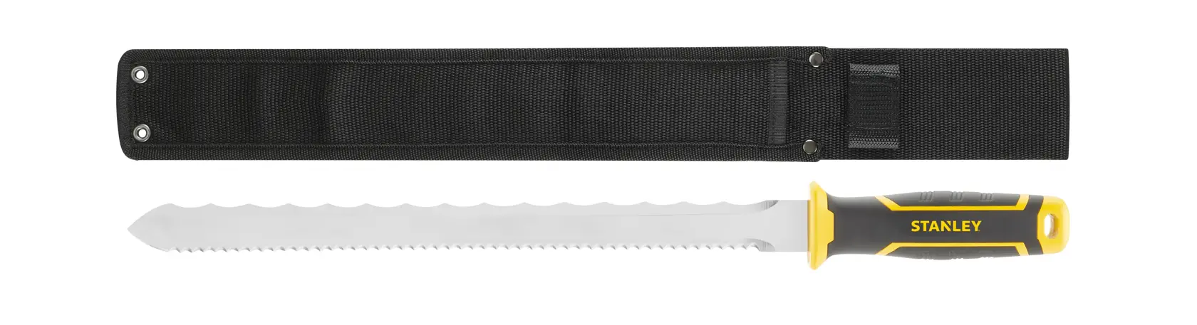 STANLEY FMHT10327-1 machete with yellow and black handle and serrated blade, shown with black sheath, top view.
