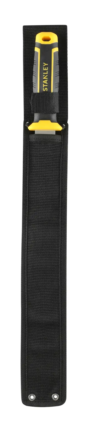 STANLEY FMHT10327-1 chisel with yellow and black handle in black fabric holder, top view photo.