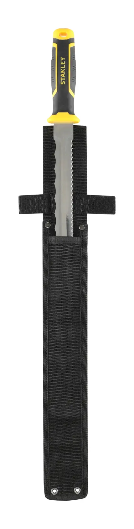 STANLEY FMHT10327-1 machete with black sheath, yellow and black handle, front view, on white background.
