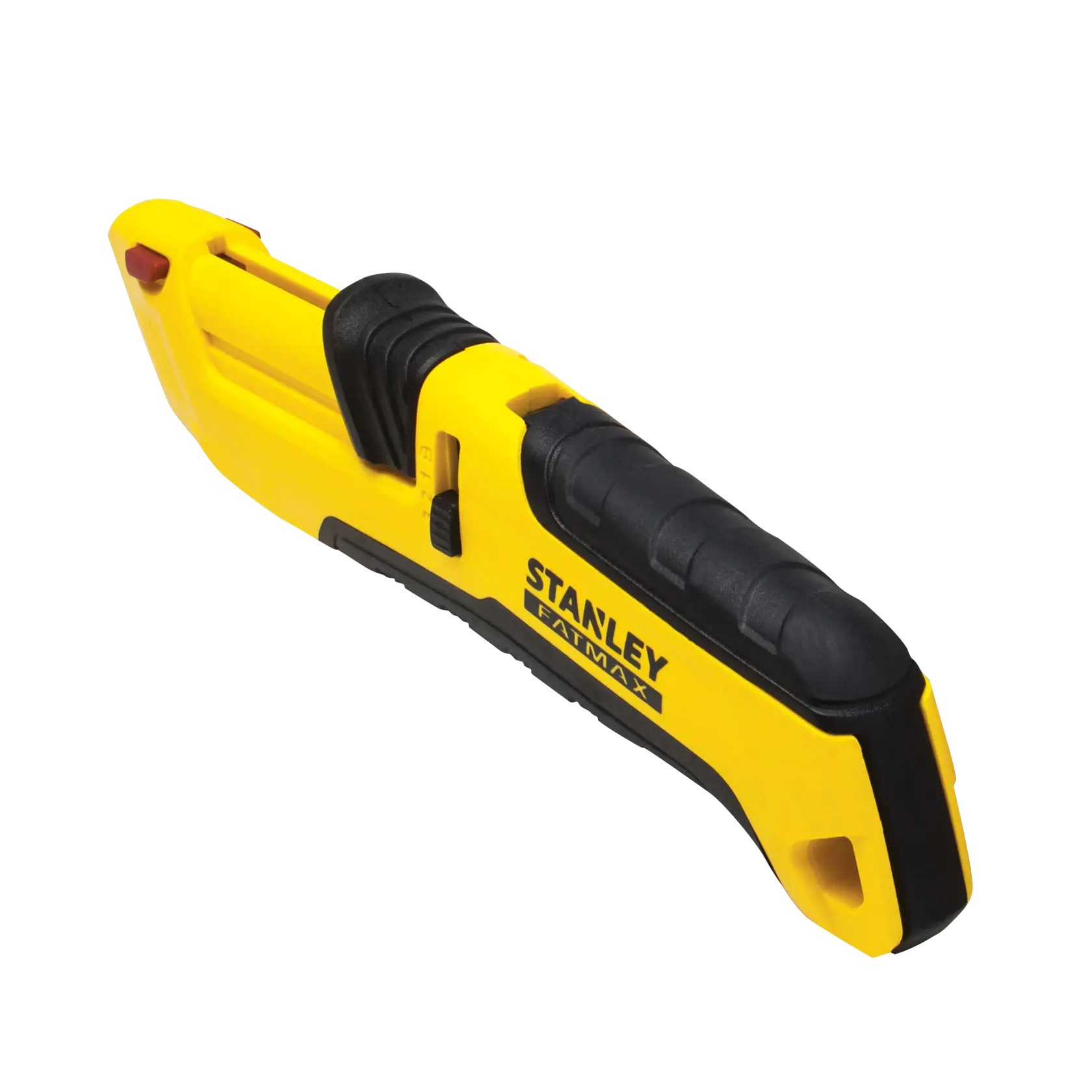 Photo of STANLEY FMHT10365-0 yellow and black safety utility knife, angled view on white background.