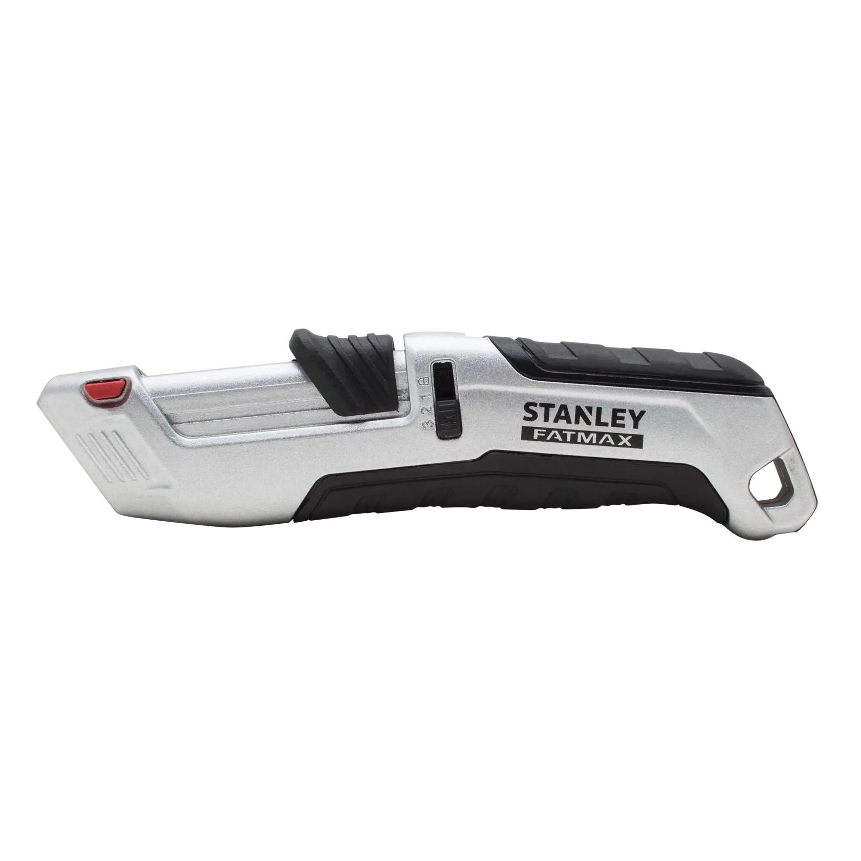 STANLEY FMHT10367-0 utility knife with silver and black handle, left side view on white background.