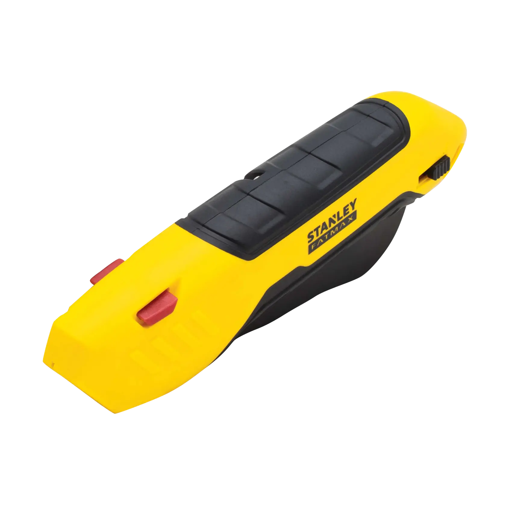 STANLEY FMHT10369-0 utility knife, yellow and black, angled view, with red safety buttons, hand tool.