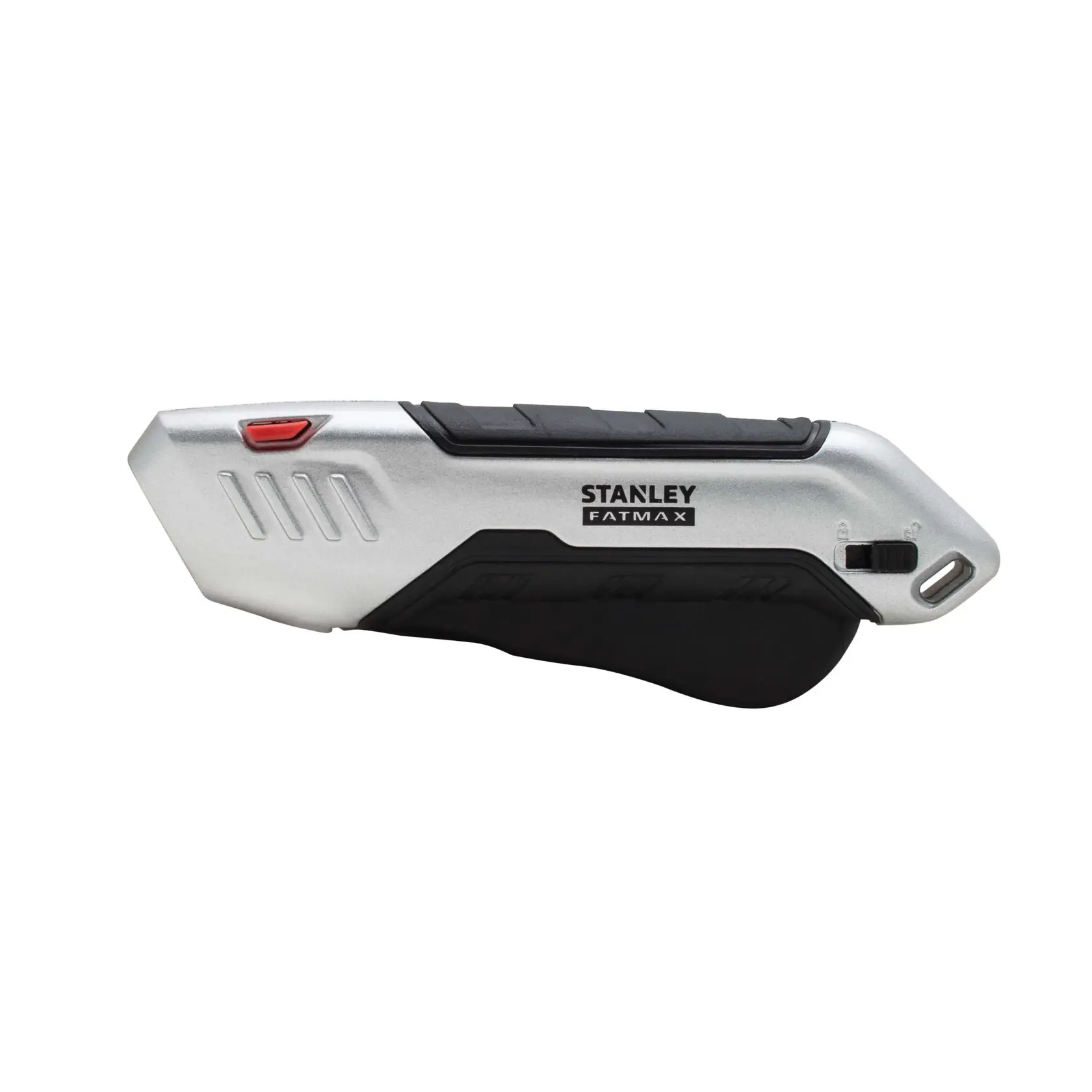 STANLEY FMHT10370-0 utility knife, silver and black, side angle, with red slider and ergonomic grip.