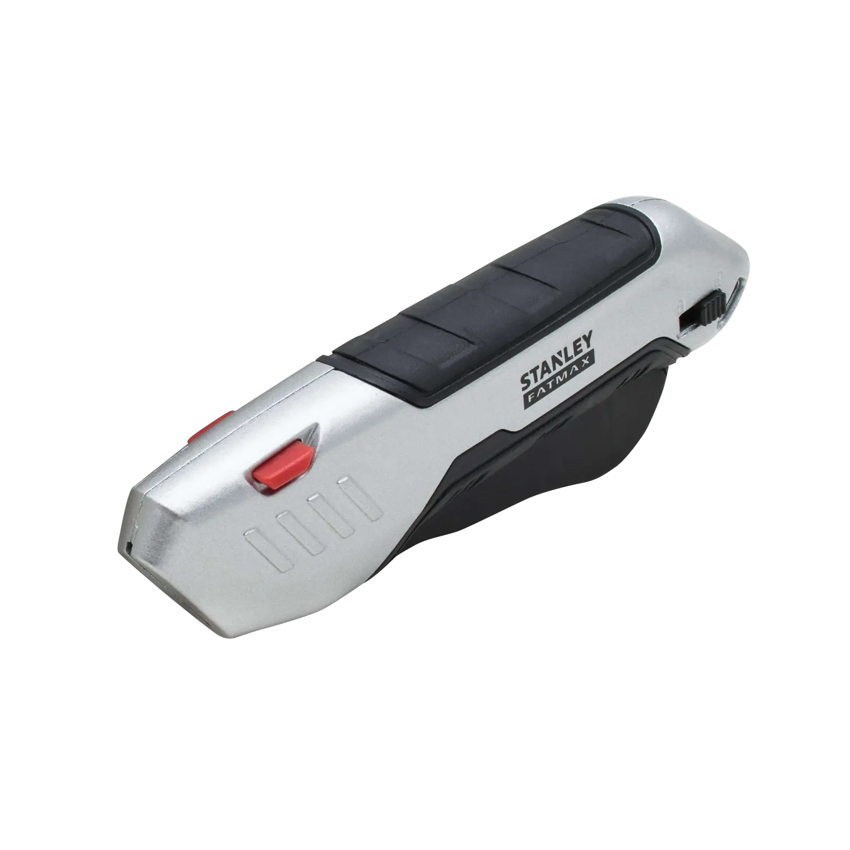STANLEY FMHT10370-0 utility knife, silver and black, angled view, red buttons, FATMAX branding.