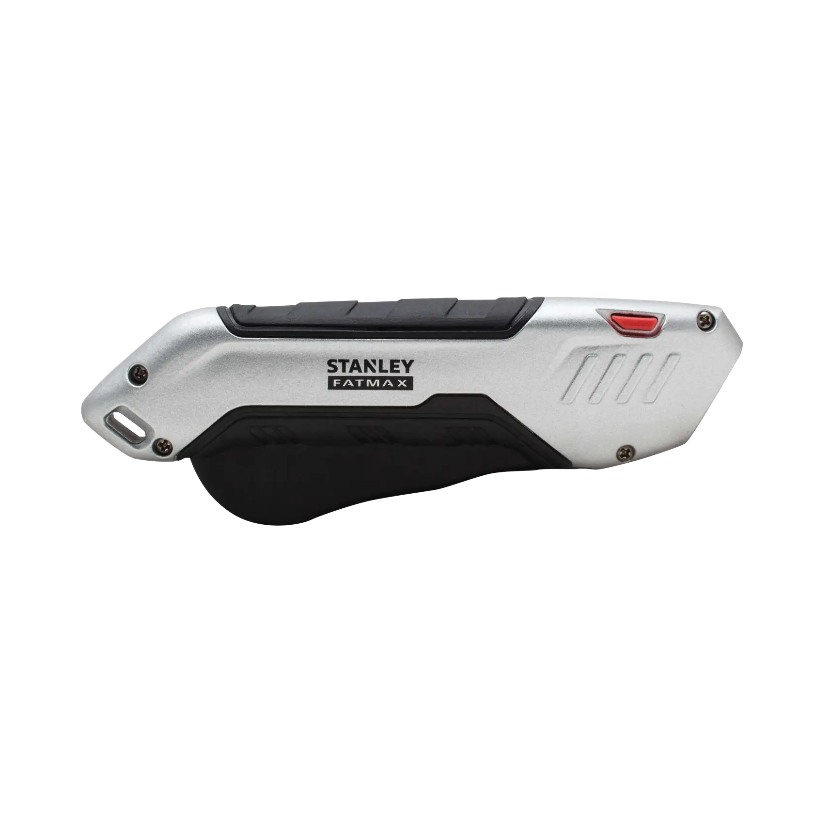 STANLEY FMHT10370-0 folding utility knife, silver and black, left side view on white background.