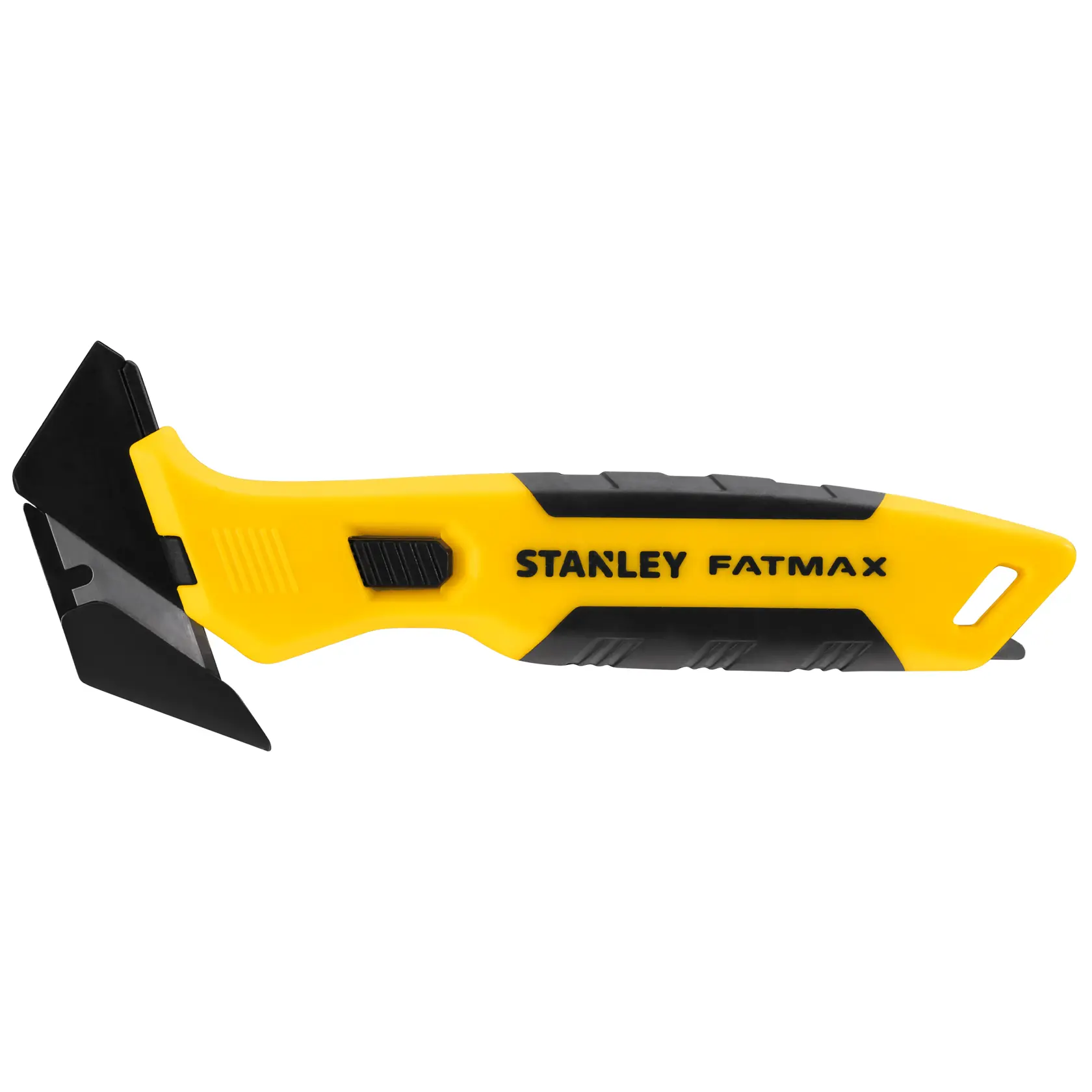 Photo of STANLEY FMHT10373-0 yellow and black multi-tool scraper with ergonomic handle, side view.
